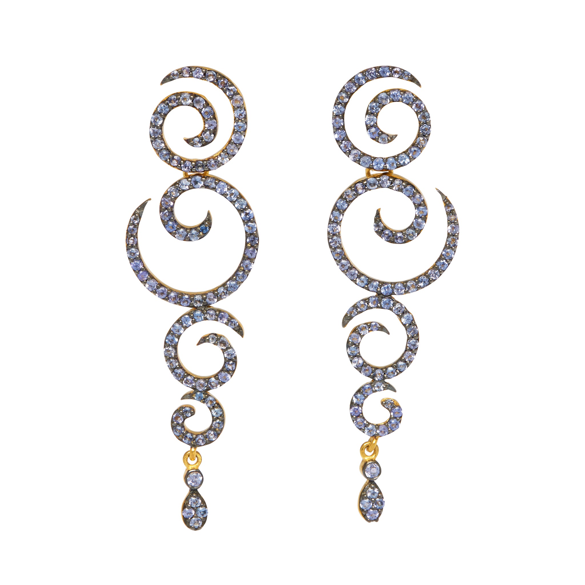 18ct gold vermeil & black rhodium swirls pave set with sparkling Tanzanites with a pave set drop at the end.