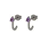 black rhodium plated silver huggies earrings with purple amethyst and zircon