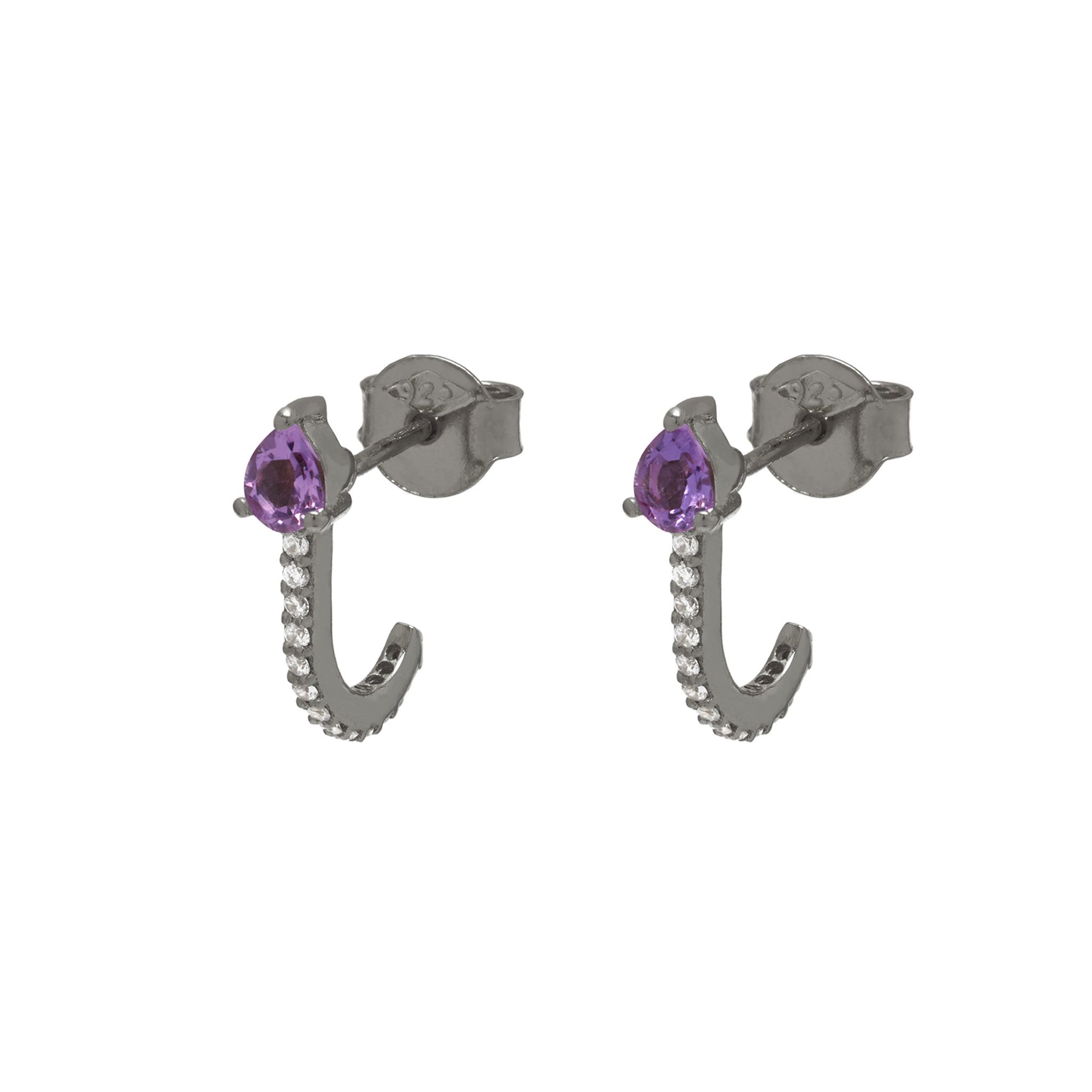 black rhodium plated silver huggies earrings with purple amethyst and zircon