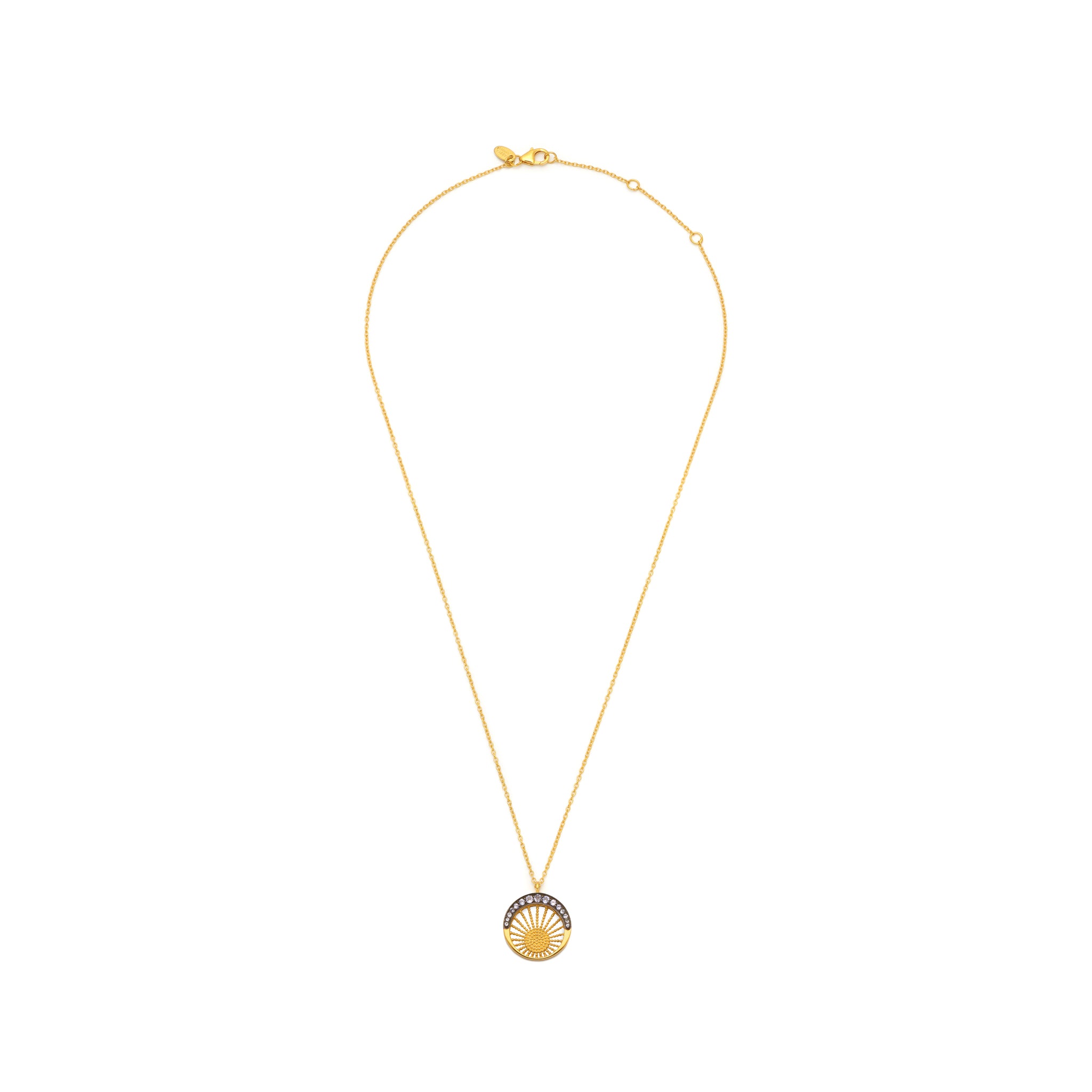A 18ct plated gold vermeil on silver necklace with a crescent moon design and a sparkling natural white zircon pave' set on a signature ASFYA moonlight design chain with three jump rings.