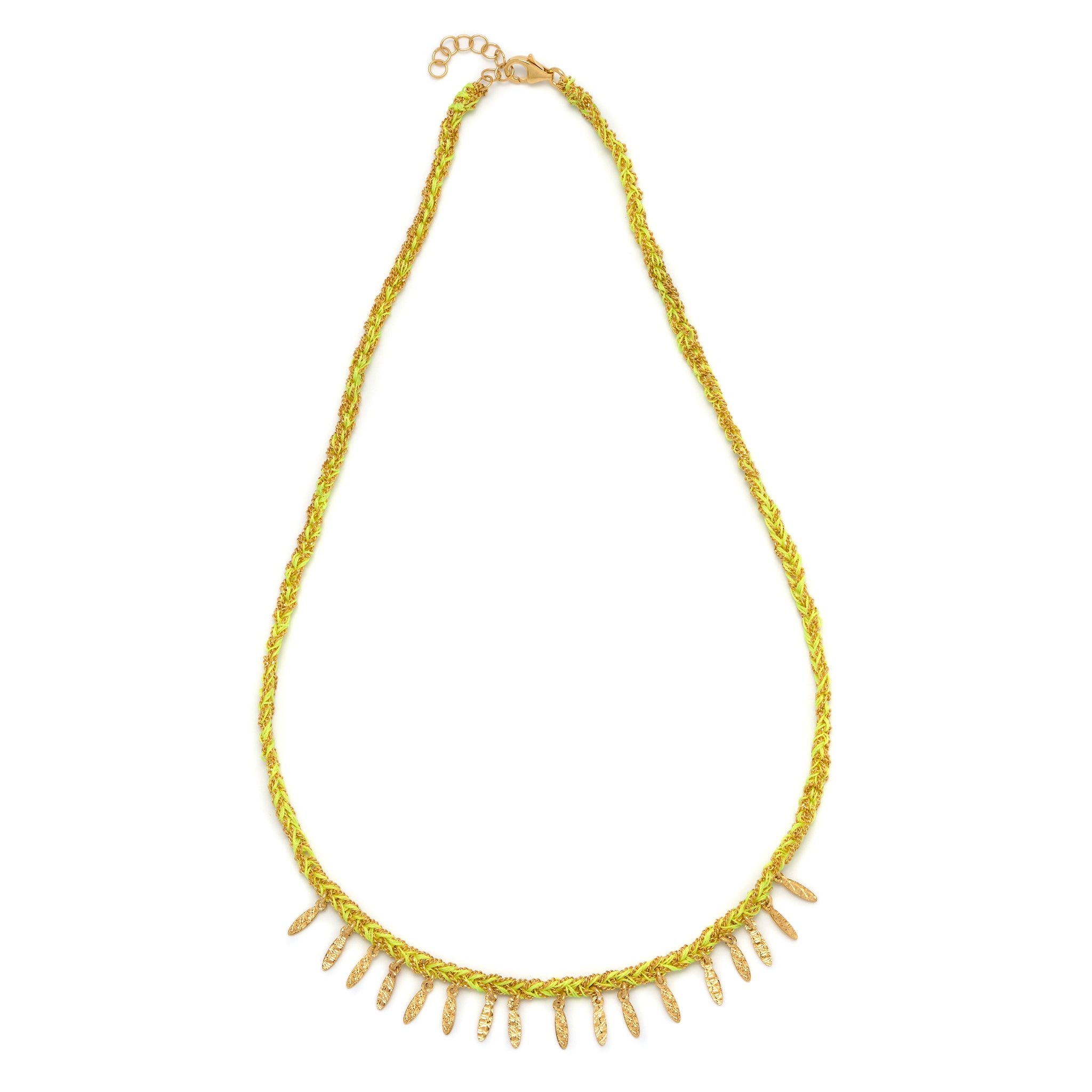 A neon yellow silk feather necklace with 18ct gold vermeil chain and small gold feathers hanging down