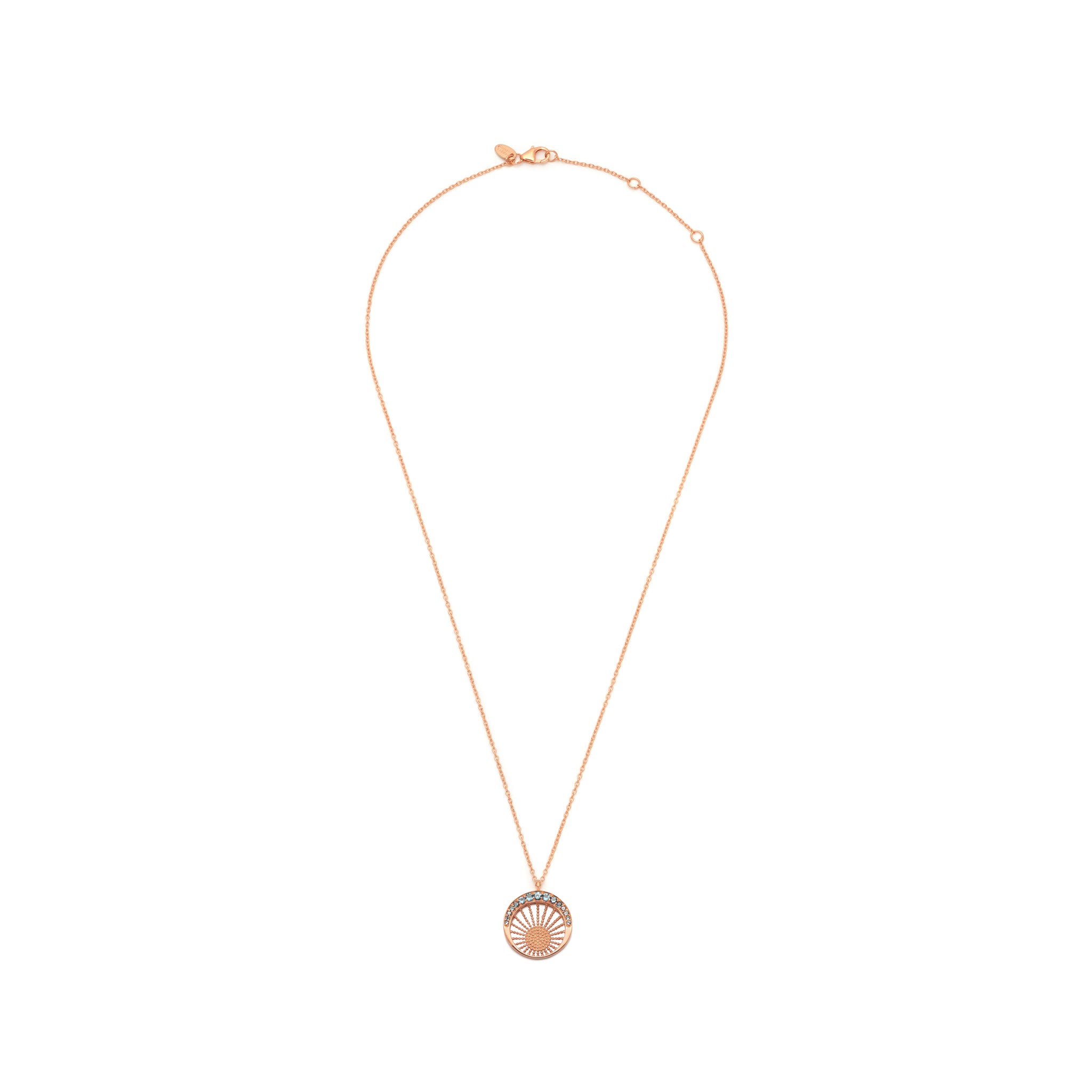 A 18ct plated rose gold on silver necklace with a crescent moon design and a sparkling natural white zircon pave' set on a signature ASFYA moonlight design chain with three jump rings.