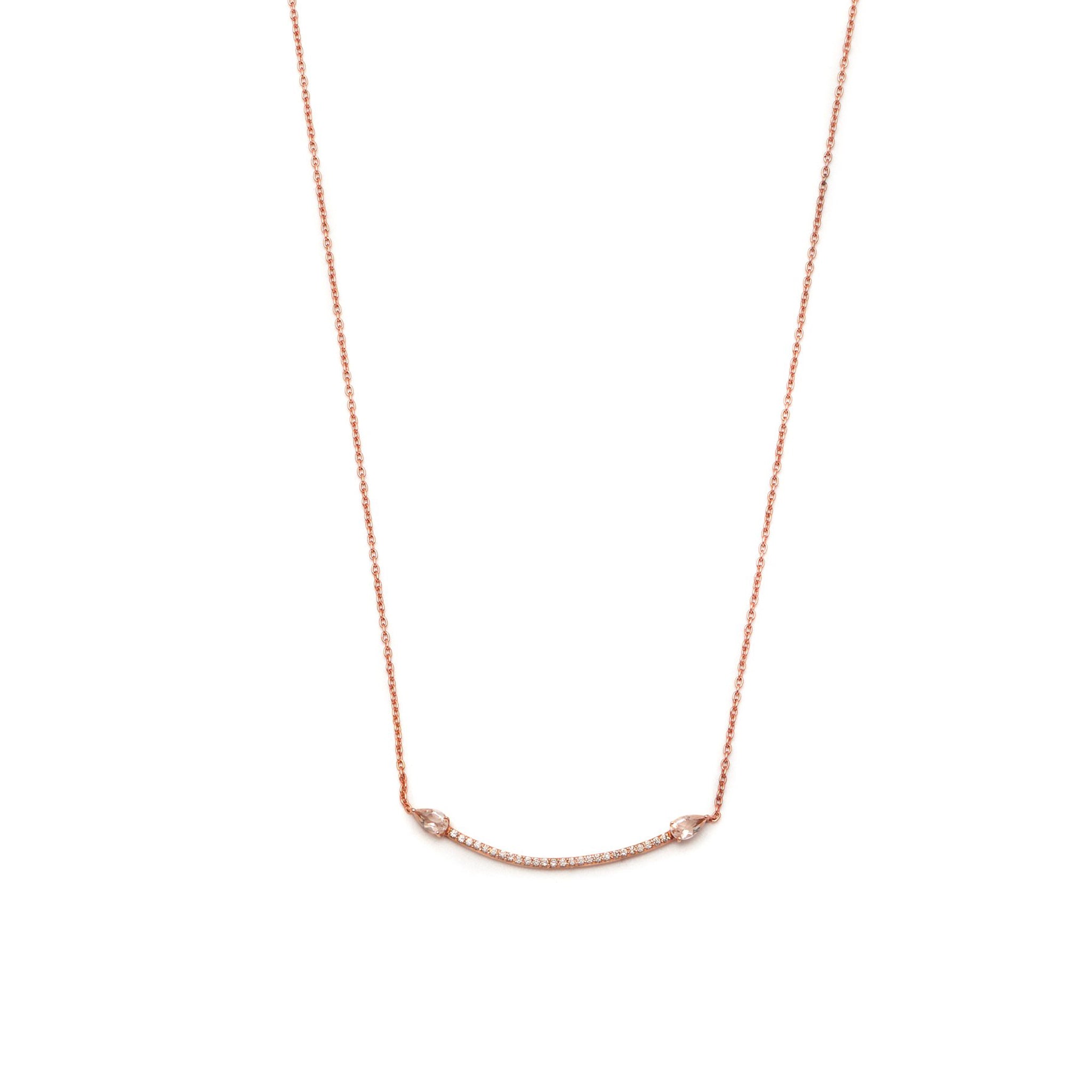 18ct rose gold plated necklace with a smile pattern and adorned with white diamond and morganite