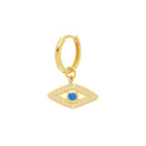 18ct plated gold vermeil hoop earring with evil eye charm adorned with blue crystal and white zircon