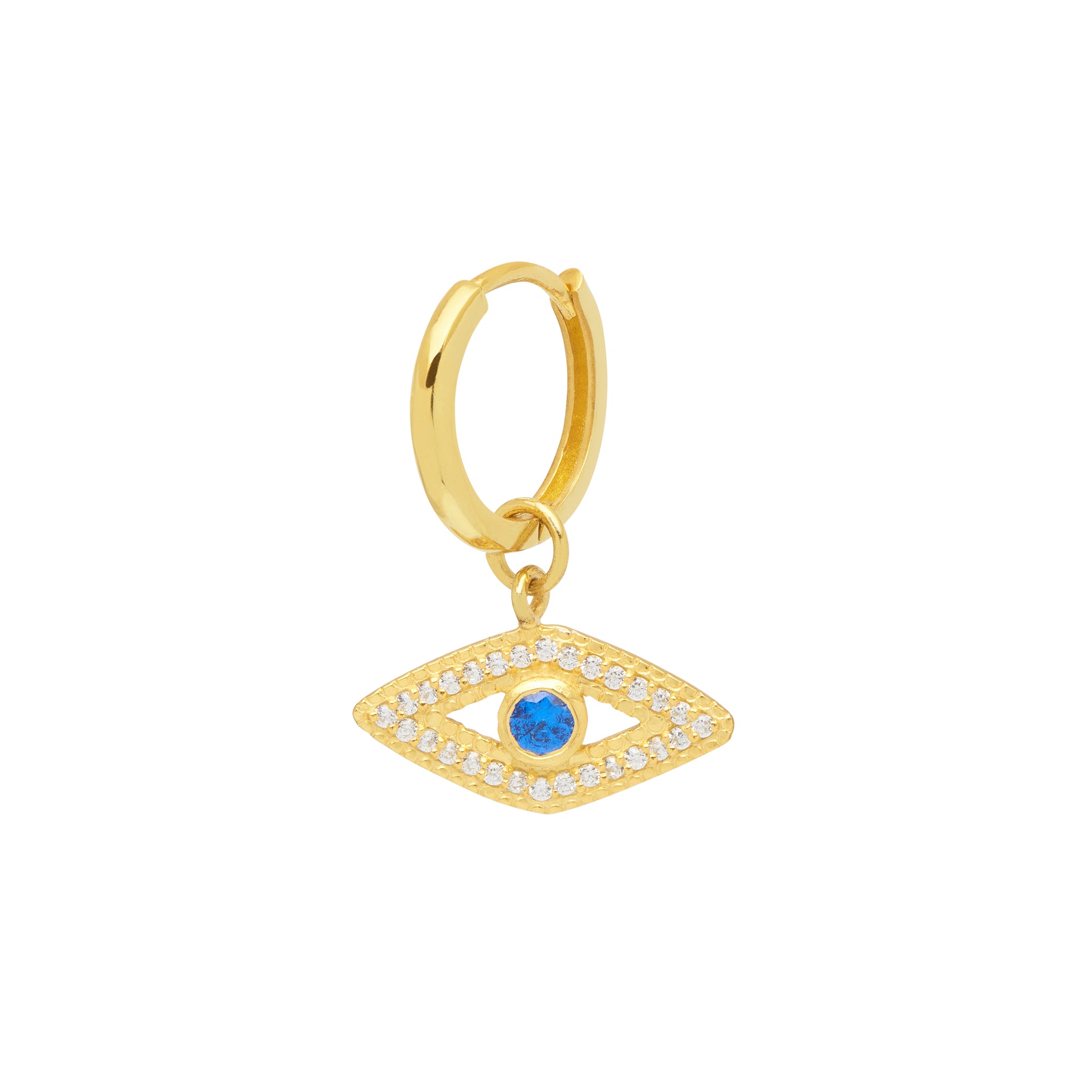 18ct plated gold vermeil hoop earring with evil eye charm adorned with blue crystal and white zircon