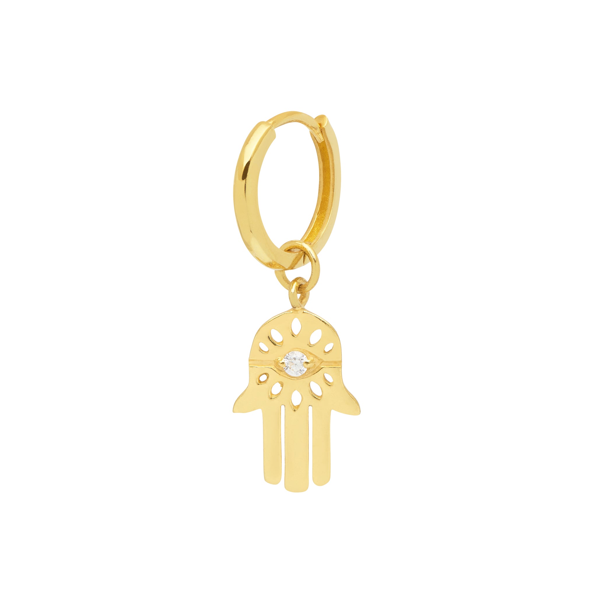 18ct plated gold vermeil earring with hamsa charm adorned with white zircon