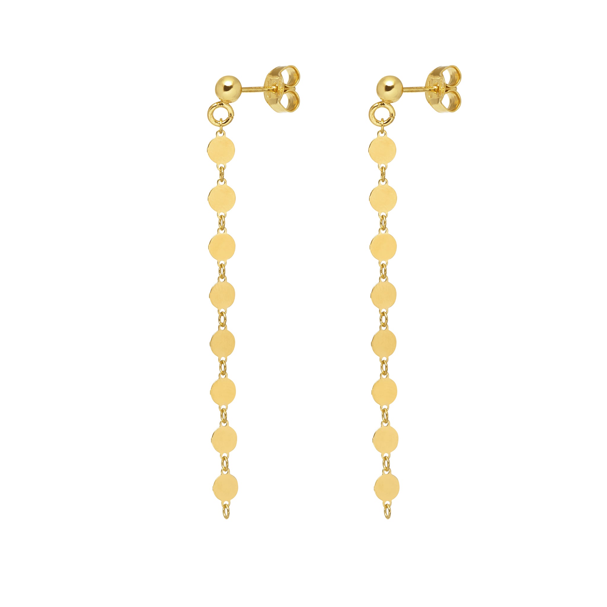 A pair of gold-colored dangling earrings with a round pattern, from the Champagne collection.