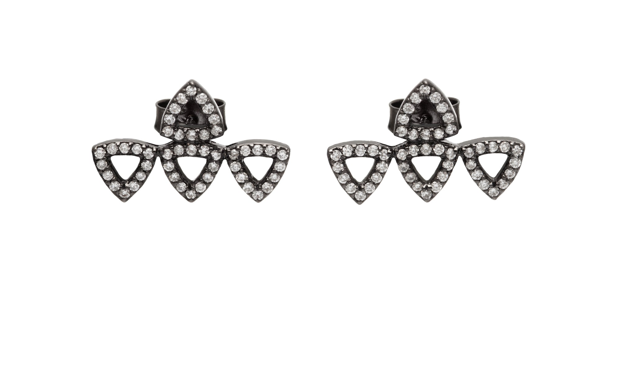 black rhodium earrings with four triangles and white diamonds
