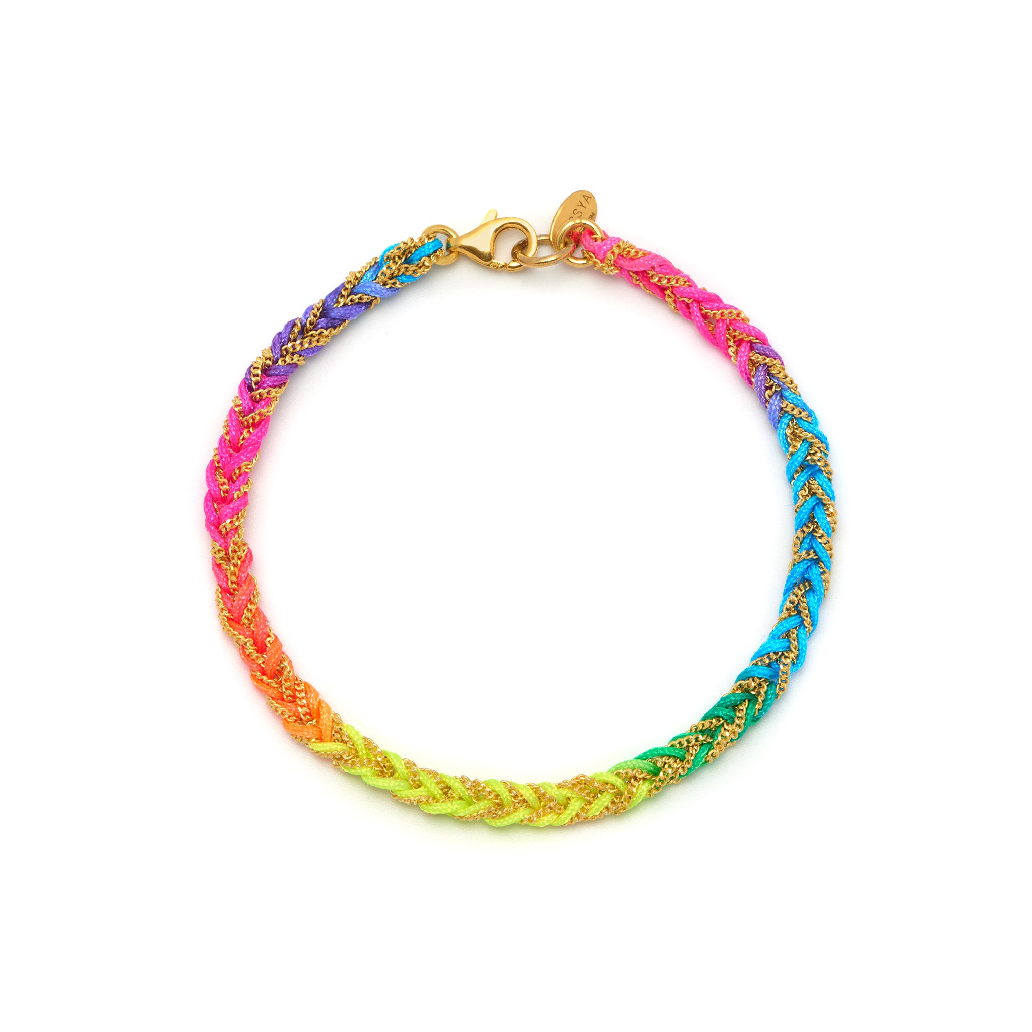 A multicolored woven friendship bracelet with a gold lobster clasp closure. 18ct gold plated vermeil chain.