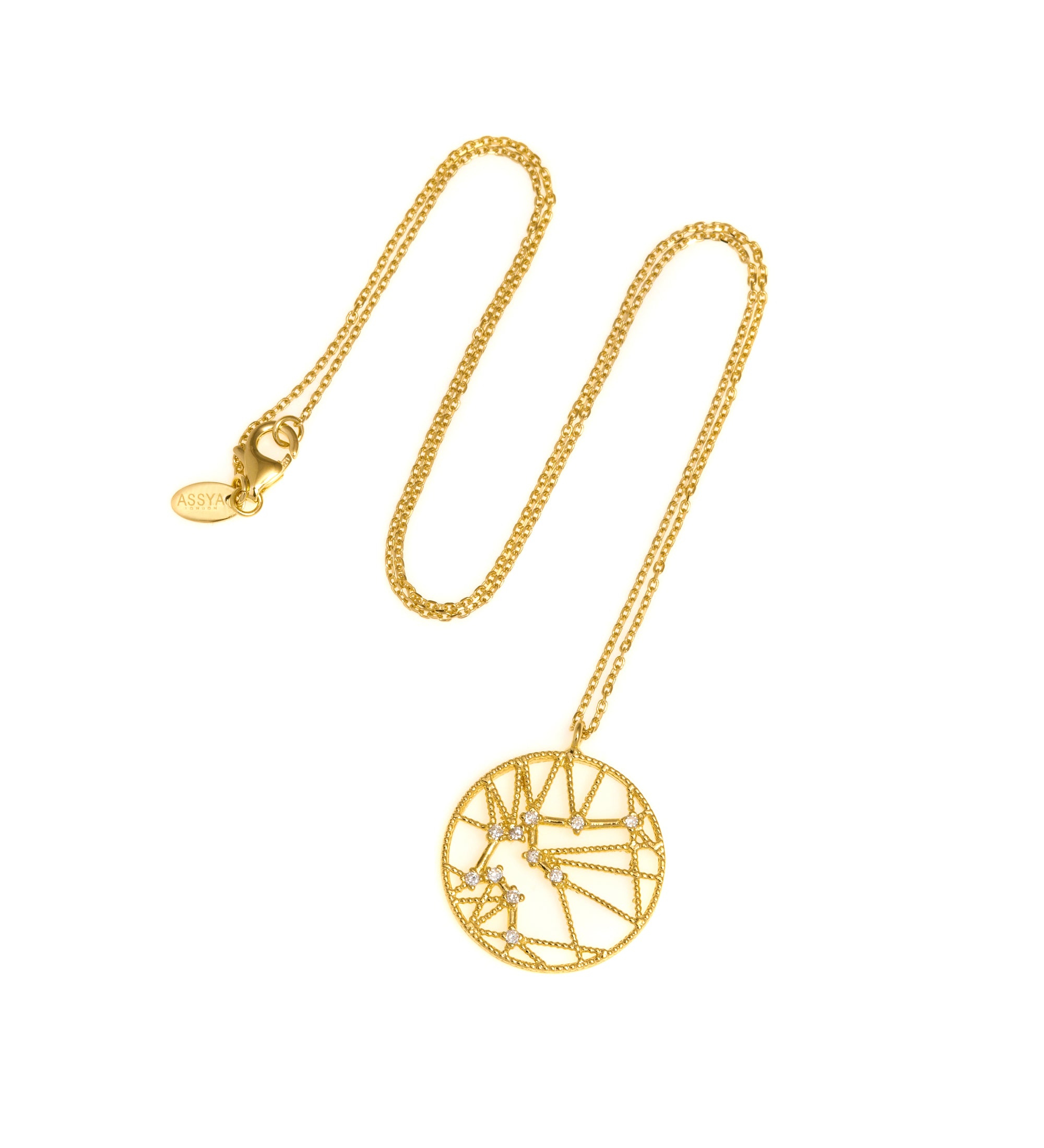 An 18ct gold necklace with a white diamond pendant in the shape of a star sign, known as the constellation for Aquarius