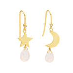 18ct plated gold vermeil on silver earrings with moon and star charms and natural rose quartz crystal and white zircon stud
