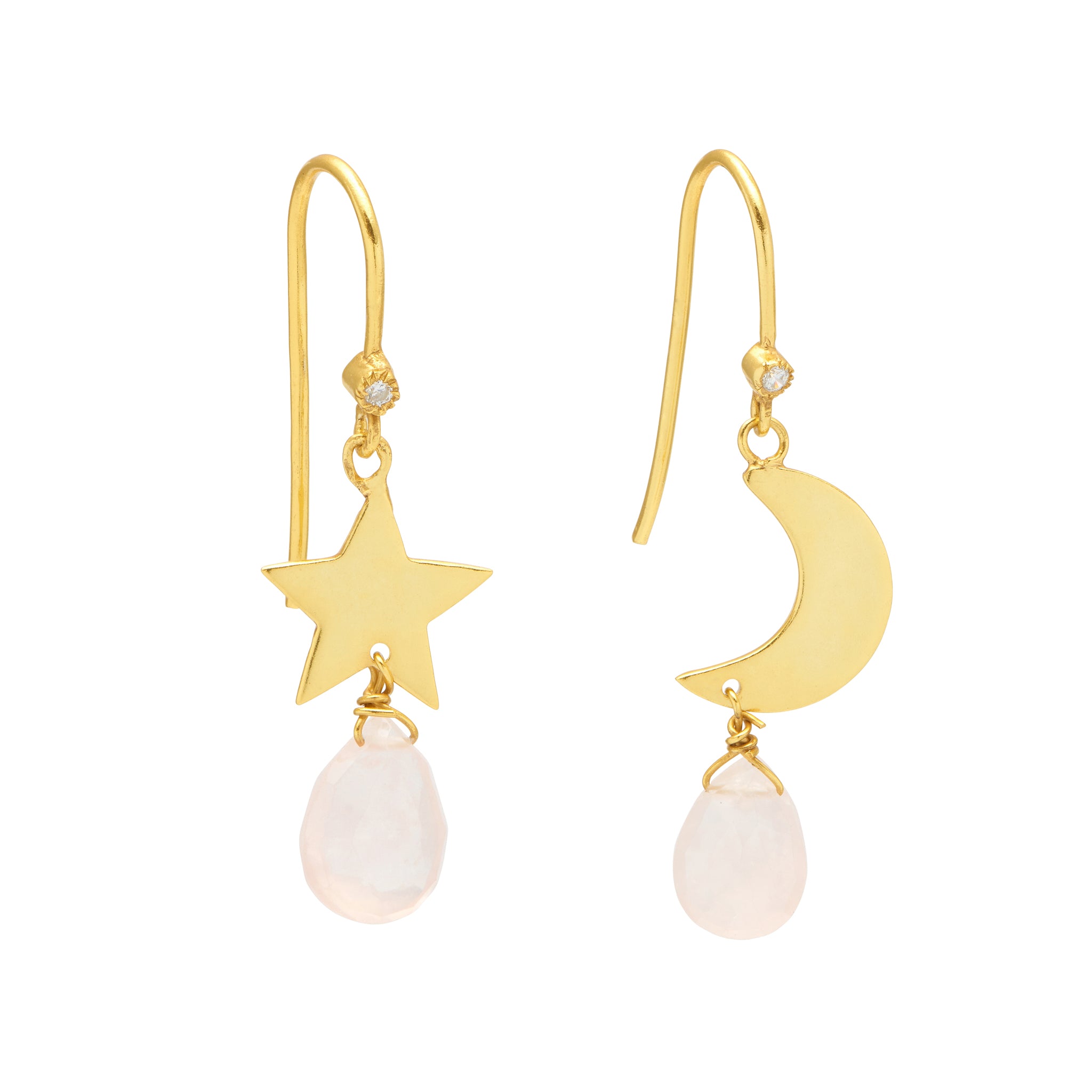18ct plated gold vermeil on silver earrings with moon and star charms and natural rose quartz crystal and white zircon stud