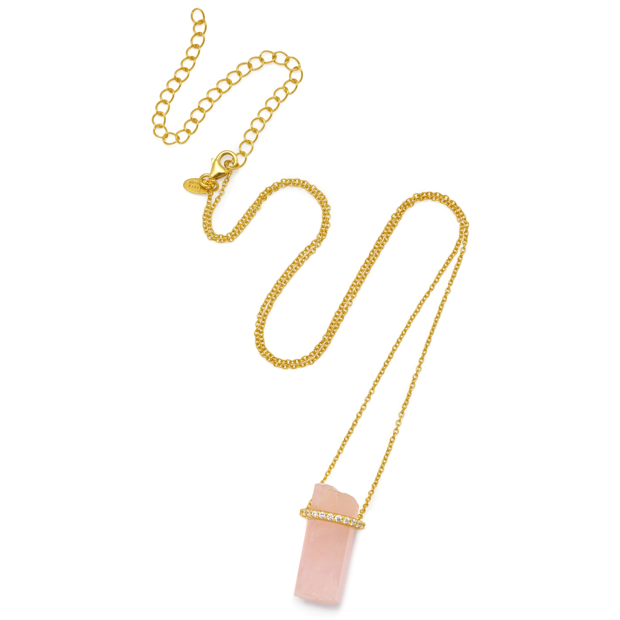 18ct gold plated vermeil necklace chain with natural rose quartz crystal pendant with white natural zircon.