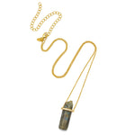 A 18ct gold plated aurora necklace with a natural cut labradorite gemstone and white zircon, on a gold vermeil chain.