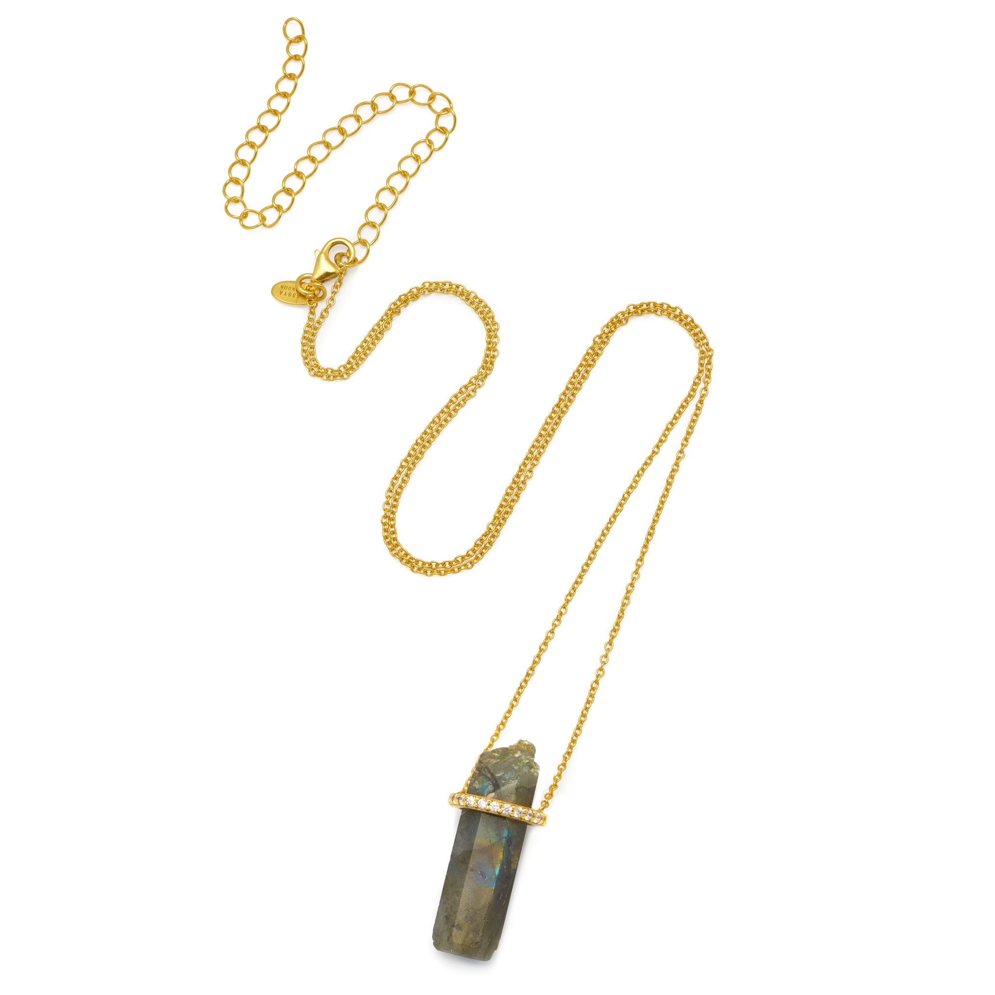 A 18ct gold plated aurora necklace with a natural cut labradorite gemstone and white zircon, on a gold vermeil chain.