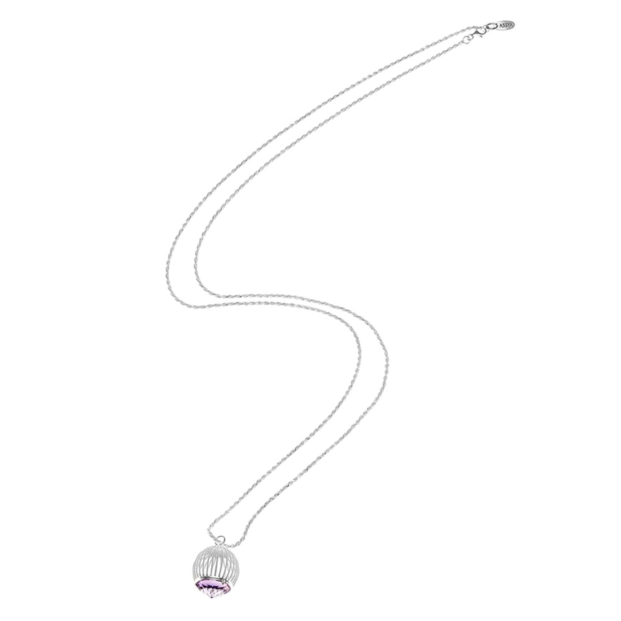sterling silver necklace with cage design pendant and amethyst gemstone
