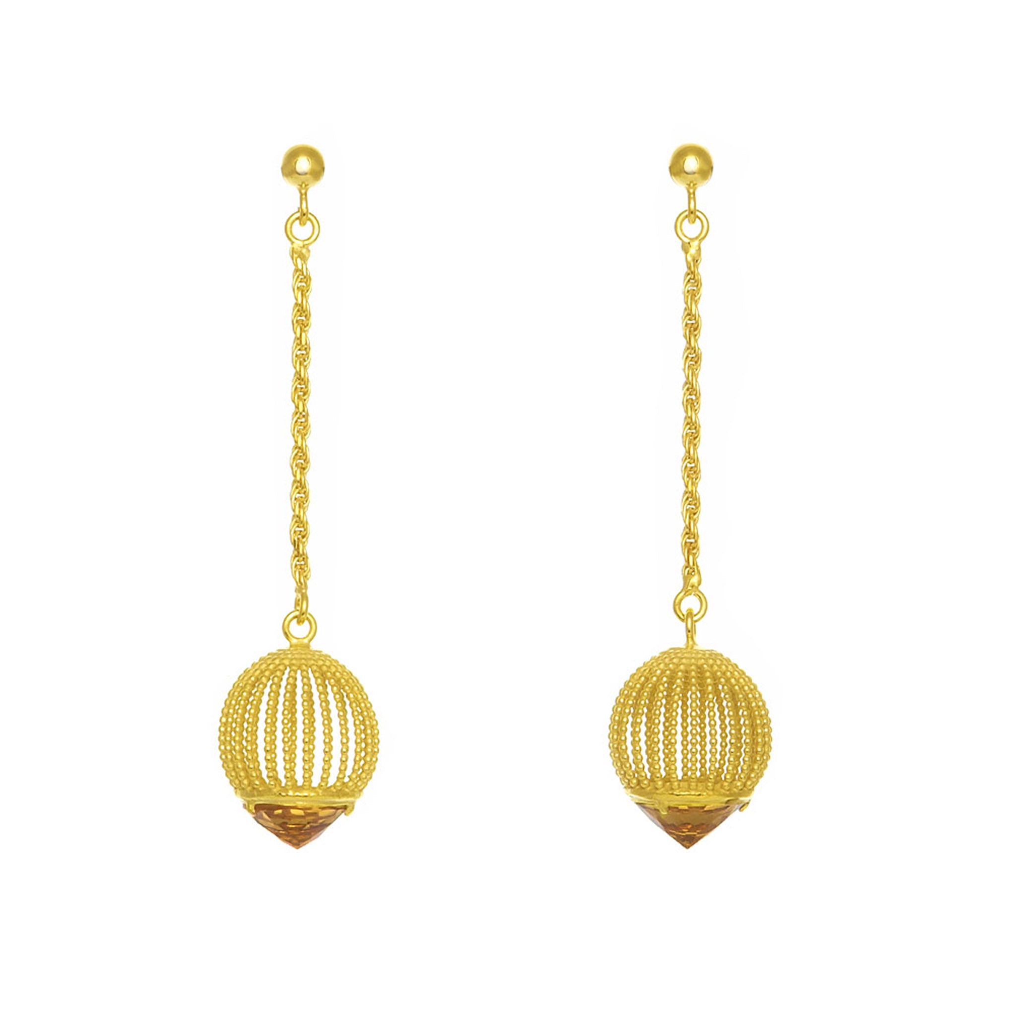A pair of 18ct gold vermeil cage earrings with cognac topaz gemstones, featuring a classic gold Italian rope chain with a stud and butterfly closure.