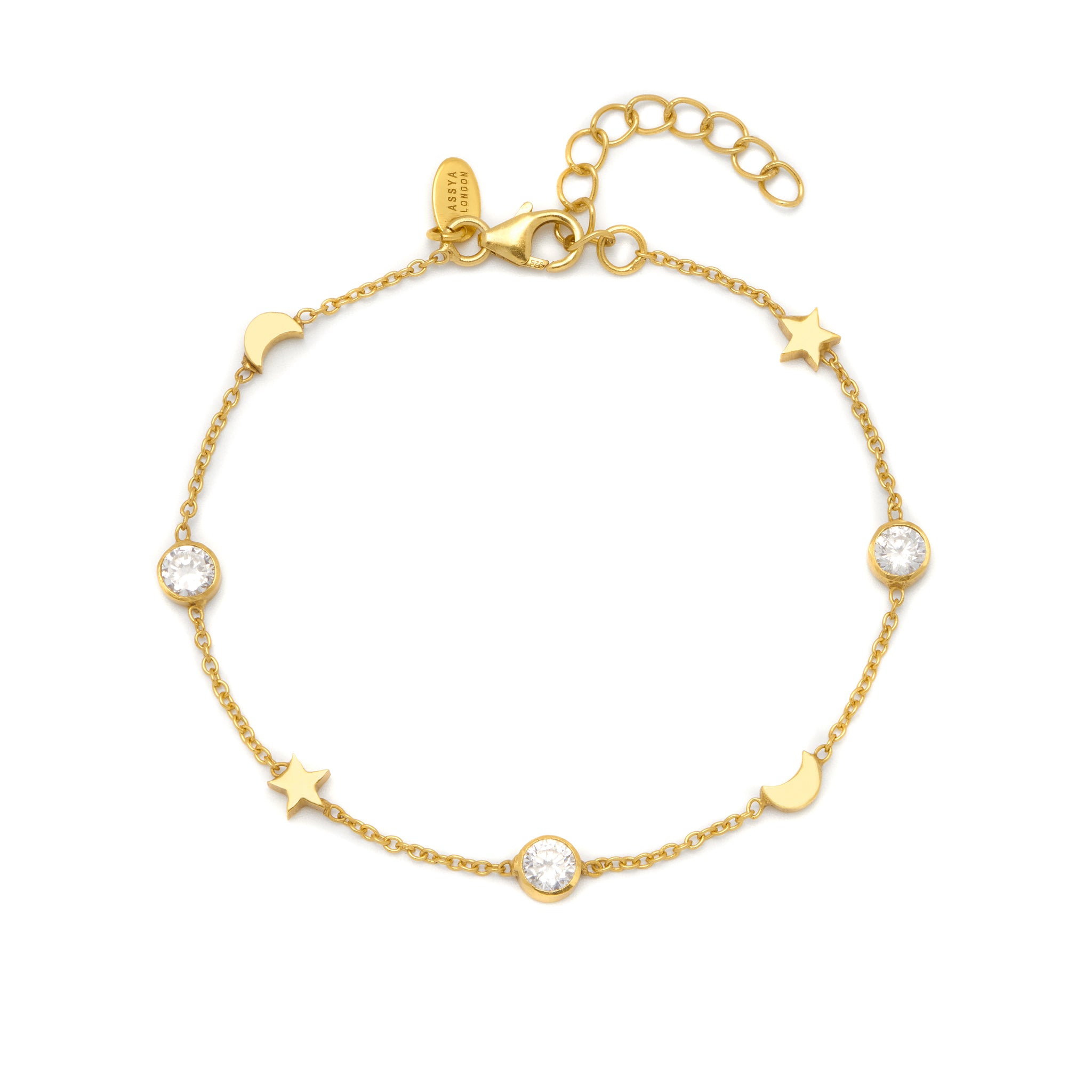 A 18ct gold plated vermeil bracelet with white zircon studs in a chain link design, featuring moon and star motifs.