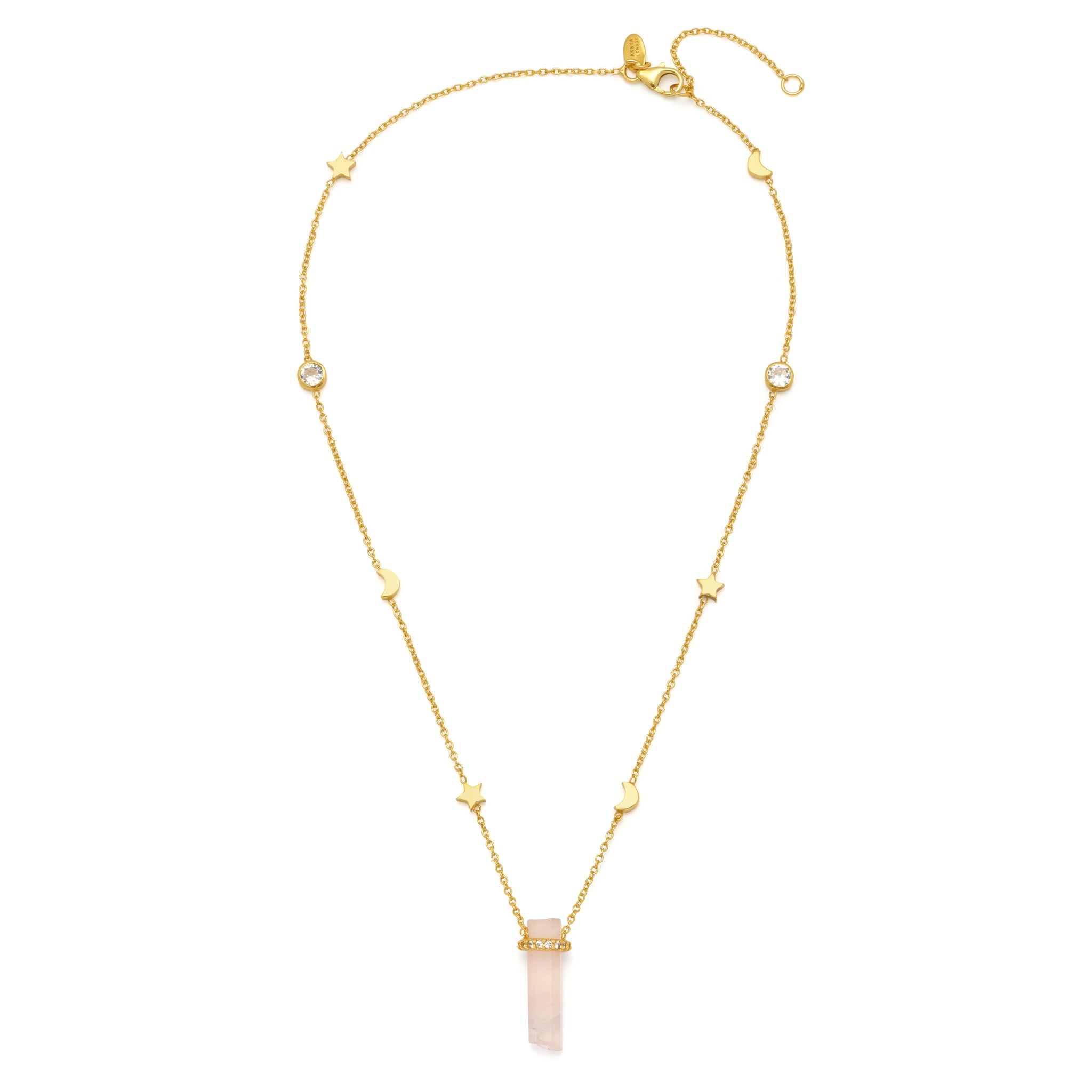 A 18ct gold vermeil necklace with natural white zircon studs and a rose quartz crystal pendant, featuring moon and star motifs.