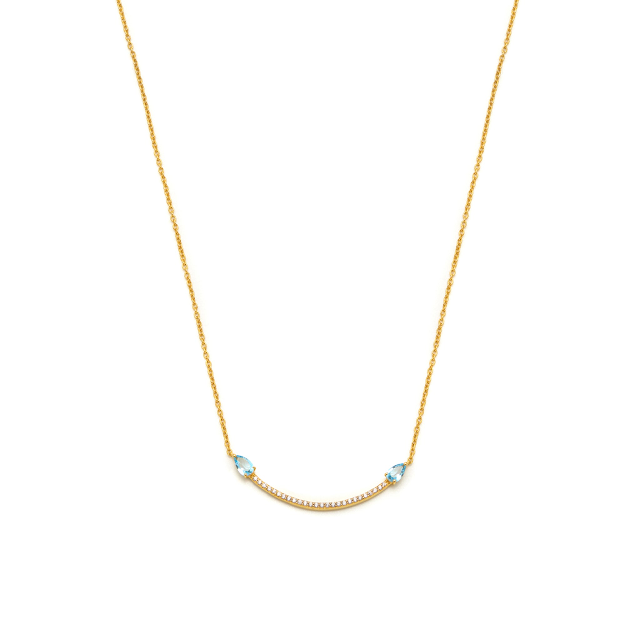 A 18ct gold-plated vermeil necklace with a blue topaz and zircon stone, featuring three jump rings for adjustable length.