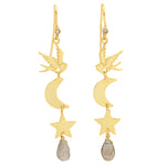 A pair of 18ct gold plated vermeil earrings featuring a dove, star and moon charms, with labradorite gemstones and a natural white zircon stud.
