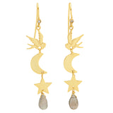 A pair of 18ct gold plated vermeil earrings featuring a dove, star and moon charms, with labradorite gemstones and a natural white zircon stud.
