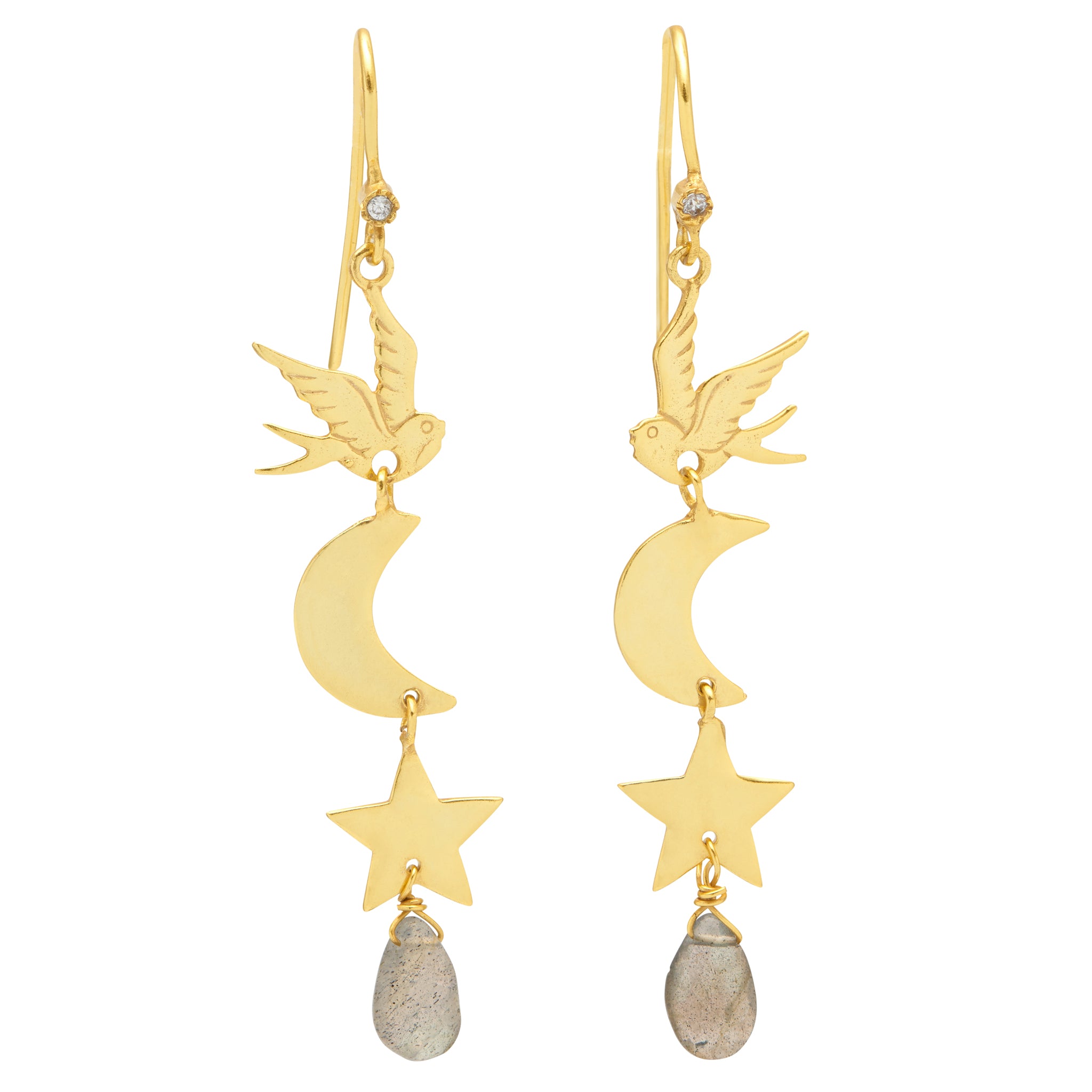 A pair of 18ct gold plated vermeil earrings featuring a dove, star and moon charms, with labradorite gemstones and a natural white zircon stud.