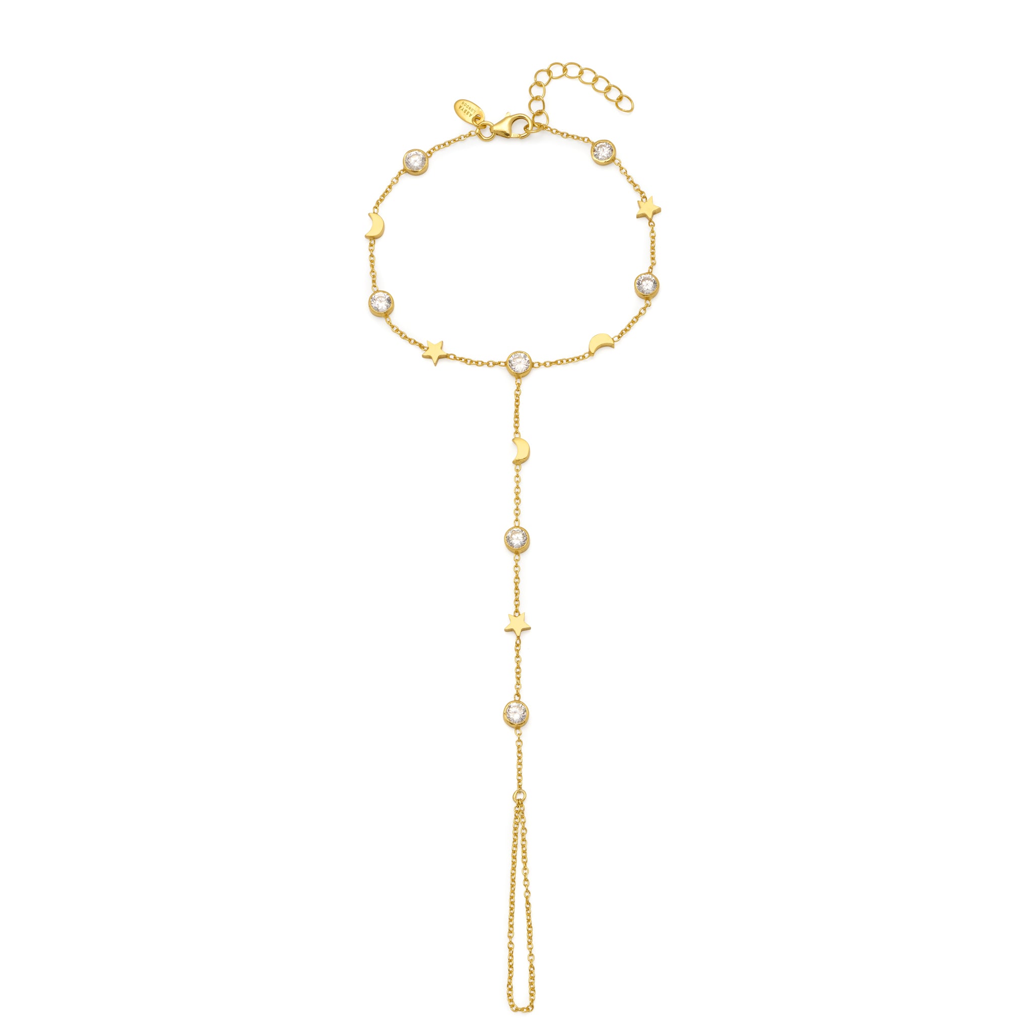 18ct gold plated vermeil on silver hand bracelet with attached ring. With natural zircon crystals and a moon and star motif of charms.