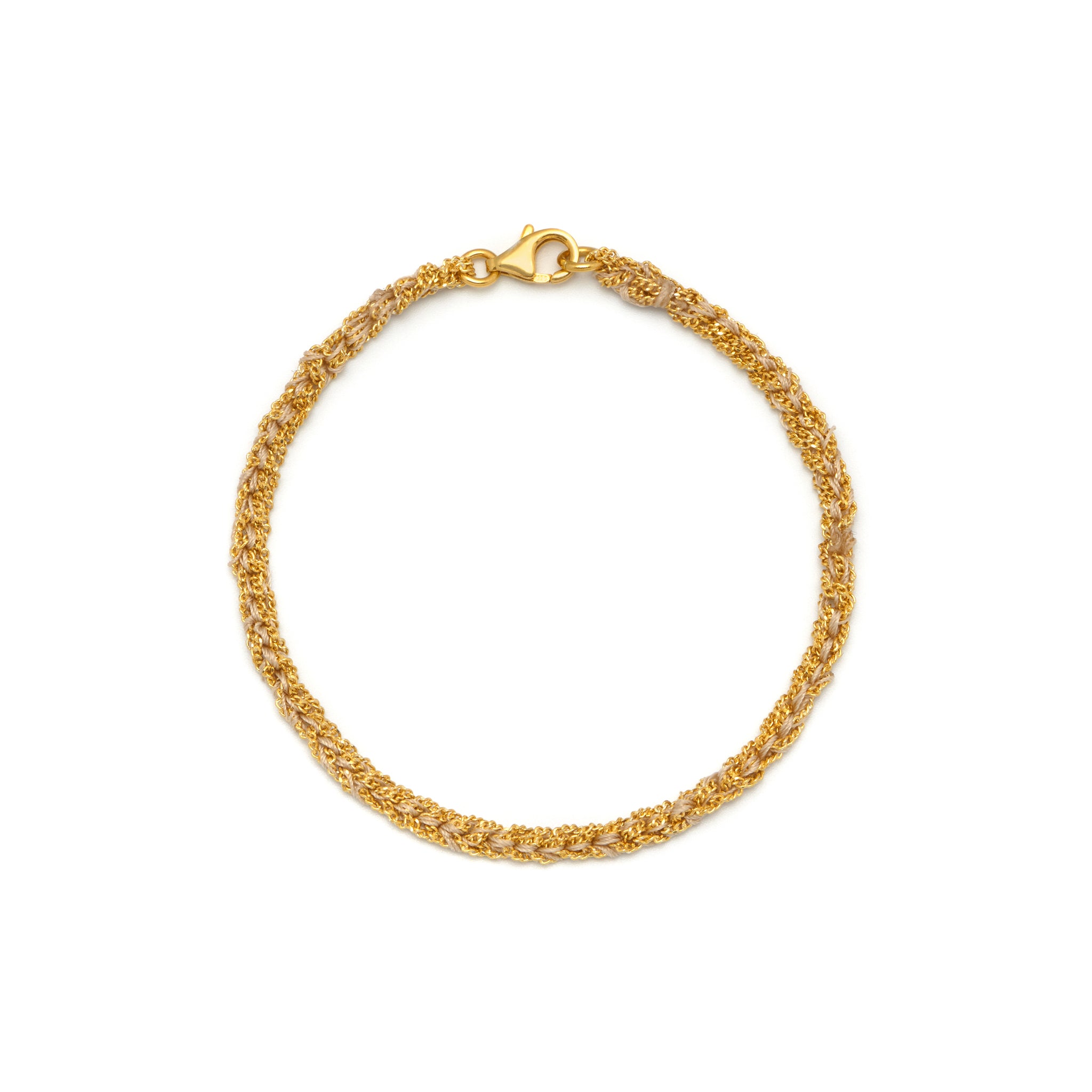 A 18ct gold-plated vermeil friendship bracelet with a baby pink silk thread and a lobster clasp closure.