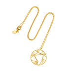 An 18kt gold necklace with a white diamond pendant featuring the constellation sign for Libra.