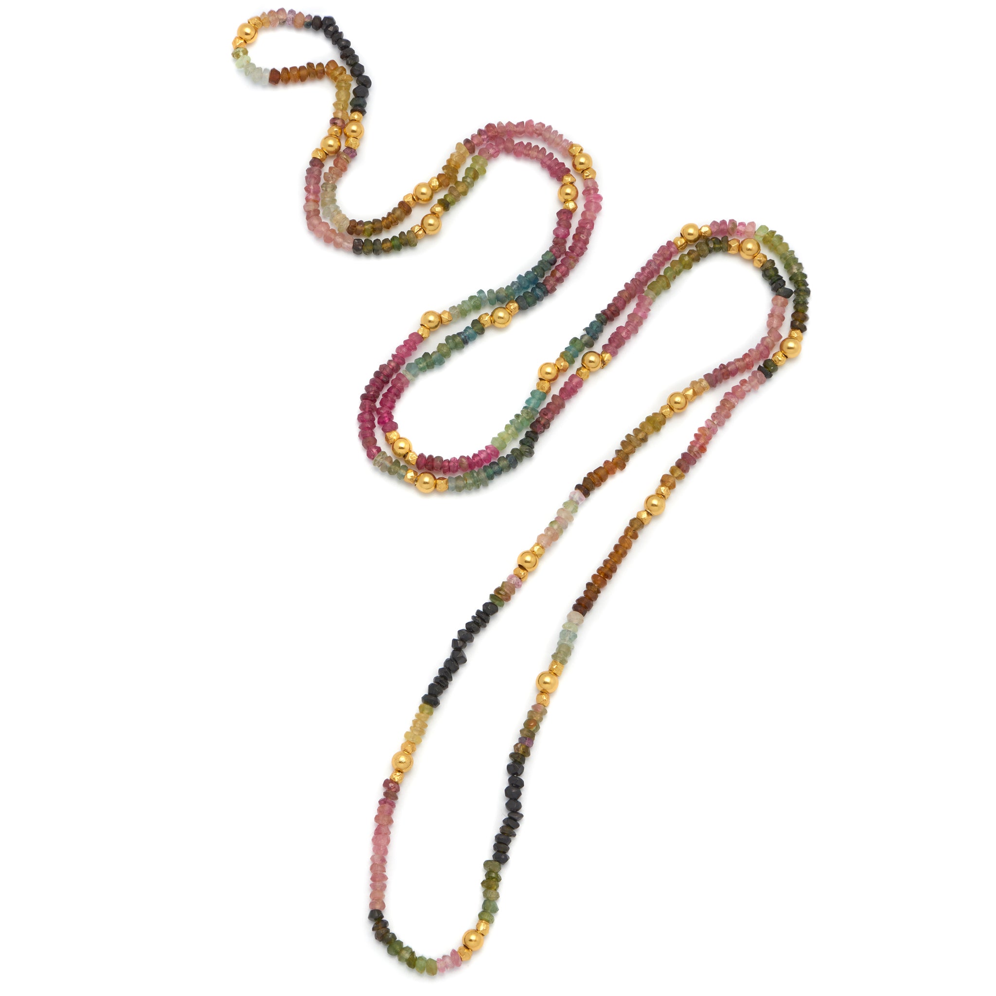 18ct gold plated vermeil necklace with natural pink and green tourmaline long necklace.