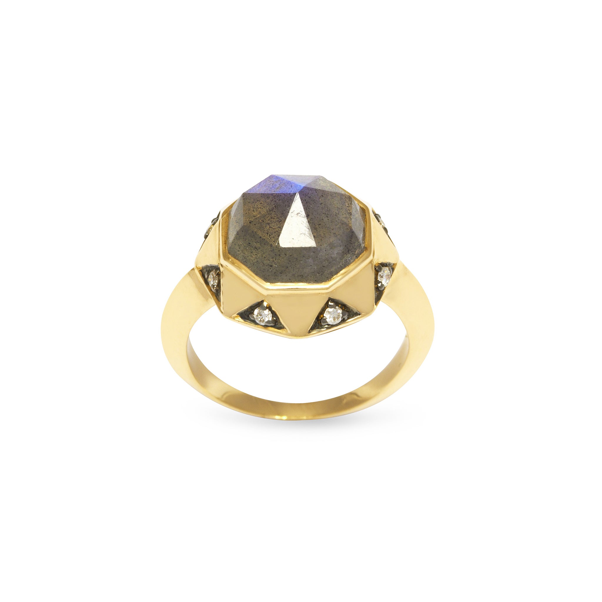 A 18ct gold plated vermeil open band ring with a hexagon-shaped labradorite gemstone in the center, surrounded by white diamond accents set in a gold-plated sterling silver setting.