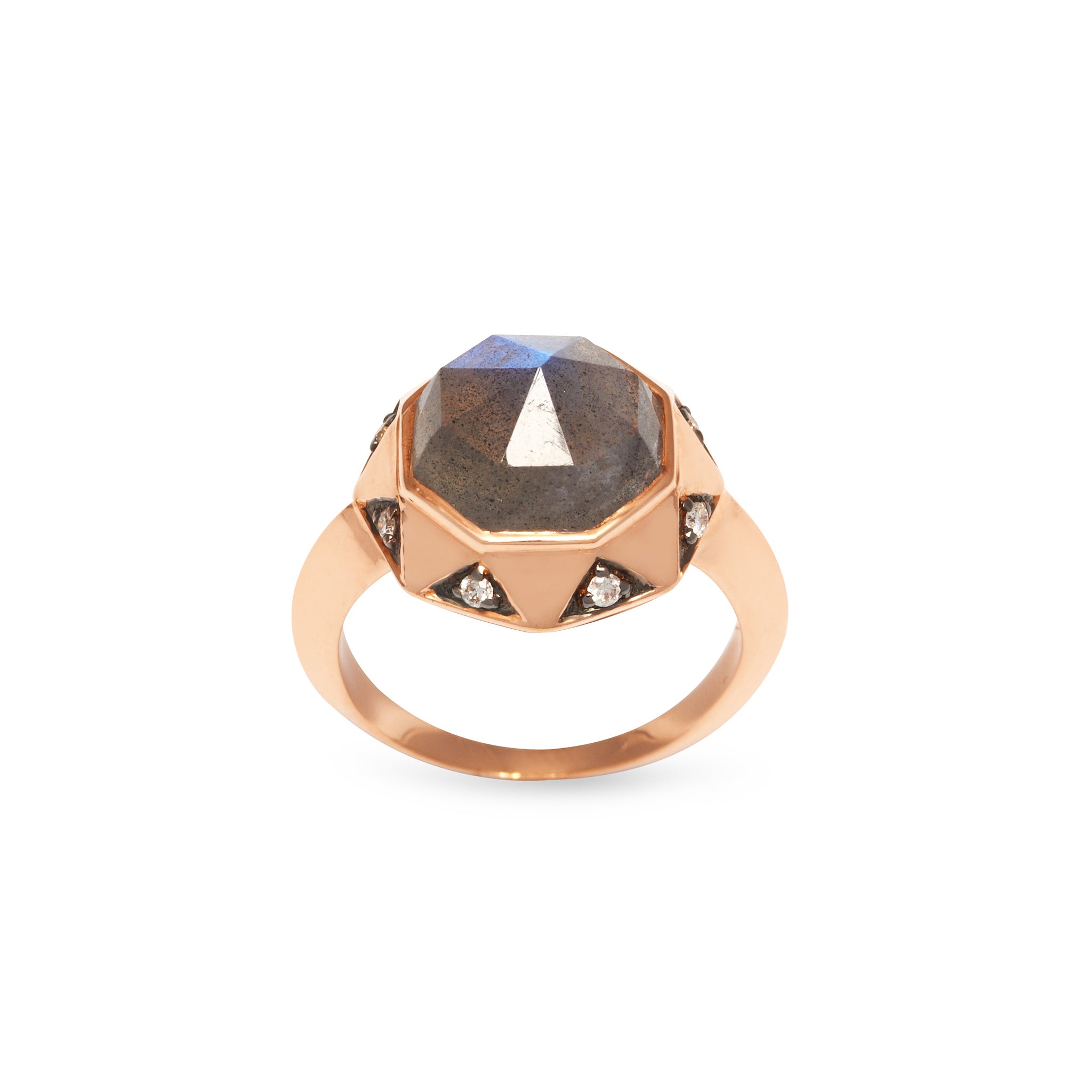 A 18ct plated rose gold labradorite and white diamond ring with a hexagon shape and a pave' of white diamonds set in a rose gold vermeil band.