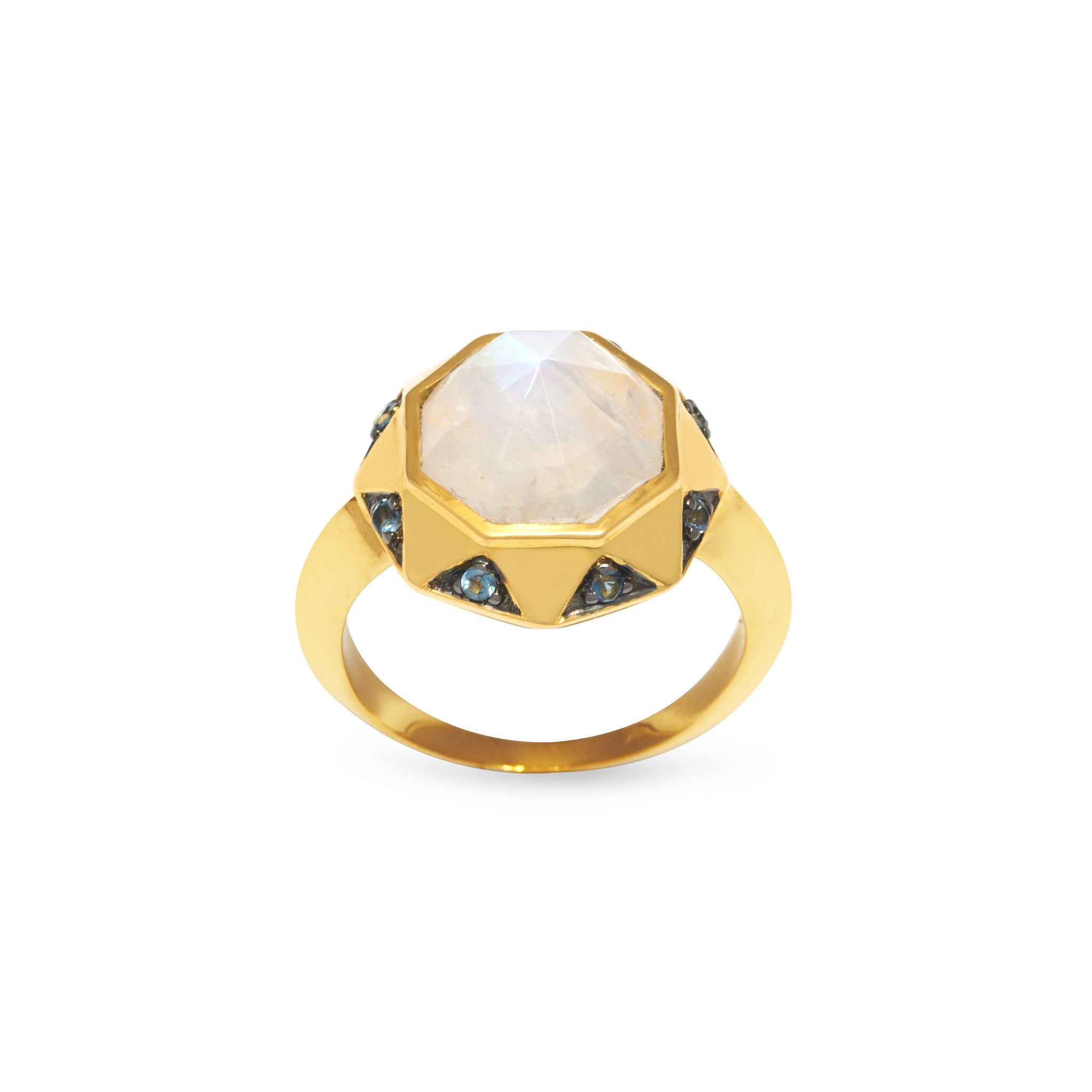 A 18ct gold-plated vermeil sterling silver ring with a hexagon-shaped moonstone centerpiece and blue or green topaz pave' around the band.