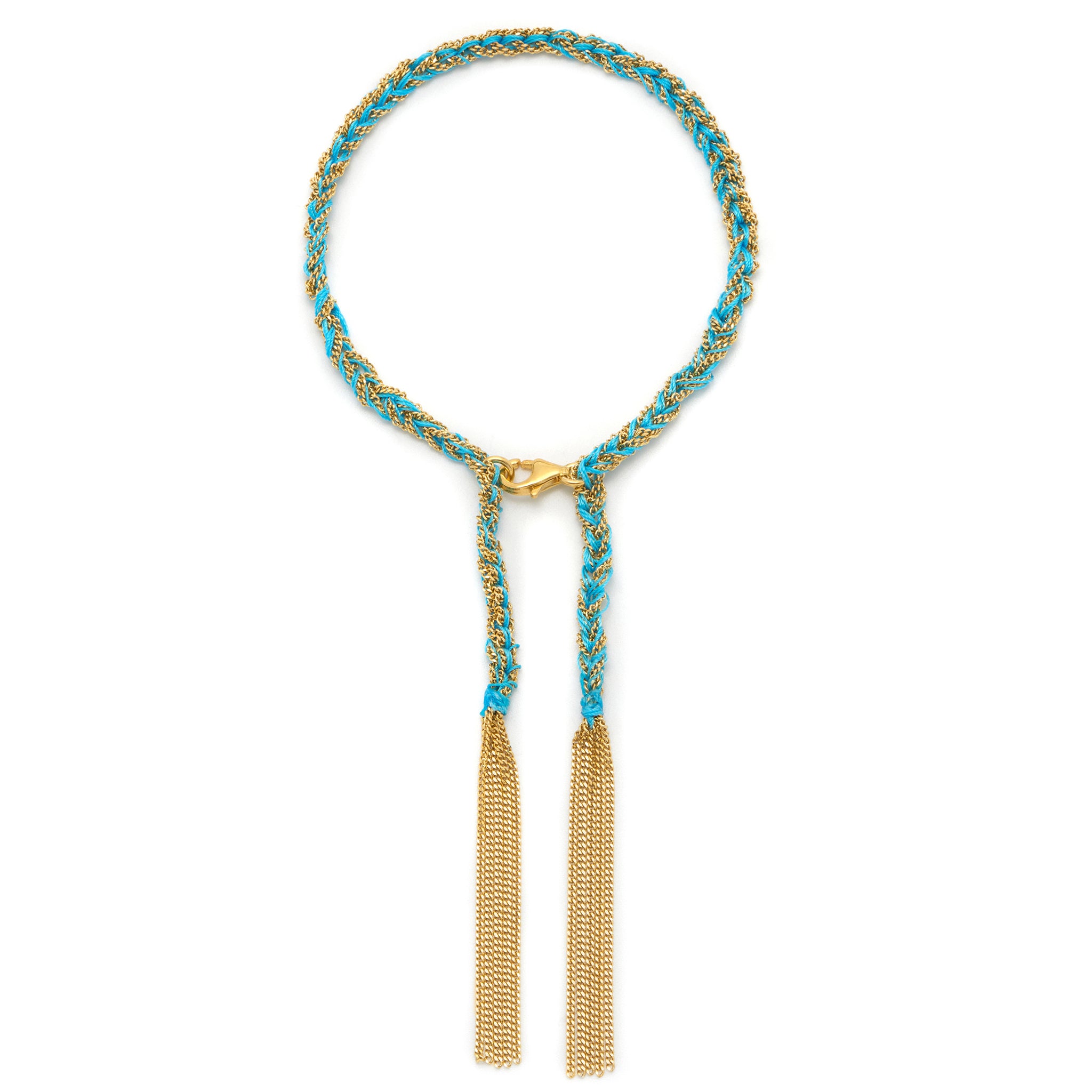 18ct gold plated vermeil chain with turquoise silk woven bracelet with lobster clasp and tassles.