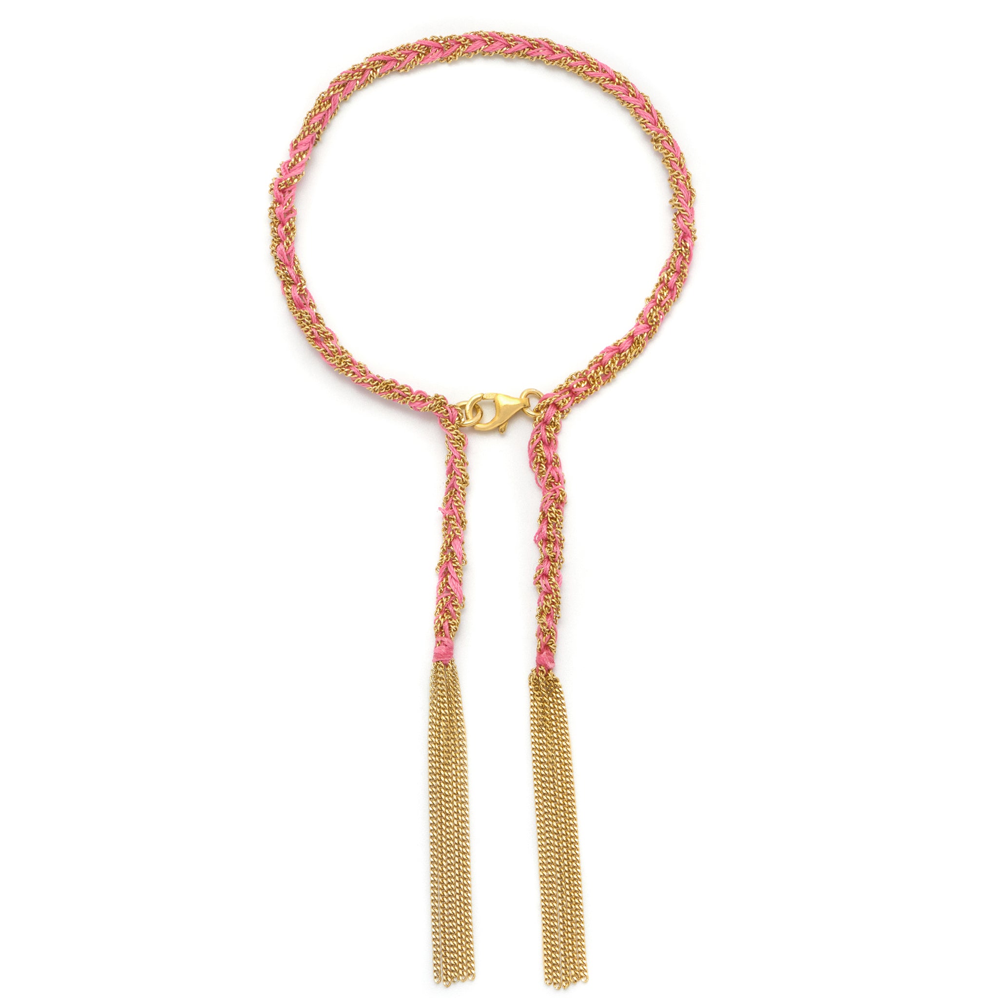 18ct gold plated vermeil chain with pink silk woven friendship bracelet with tassels and lobster clasp