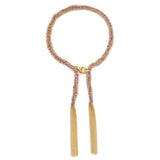18 ct gold plated vermeil chain with lilac silk thread woven bracelt with lobster clasp and tassels.