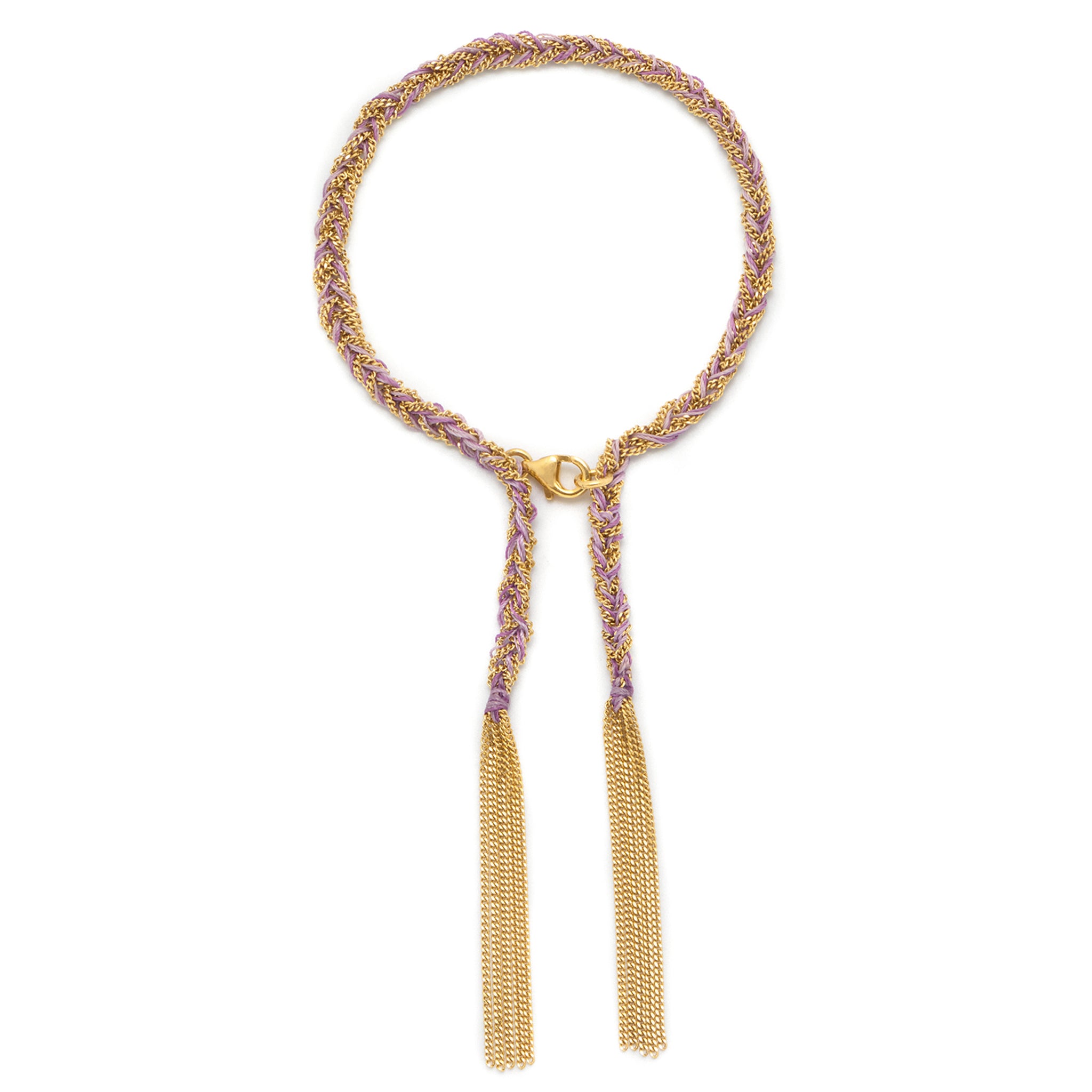 18 ct gold plated vermeil chain with lilac silk thread woven bracelt with lobster clasp and tassels.