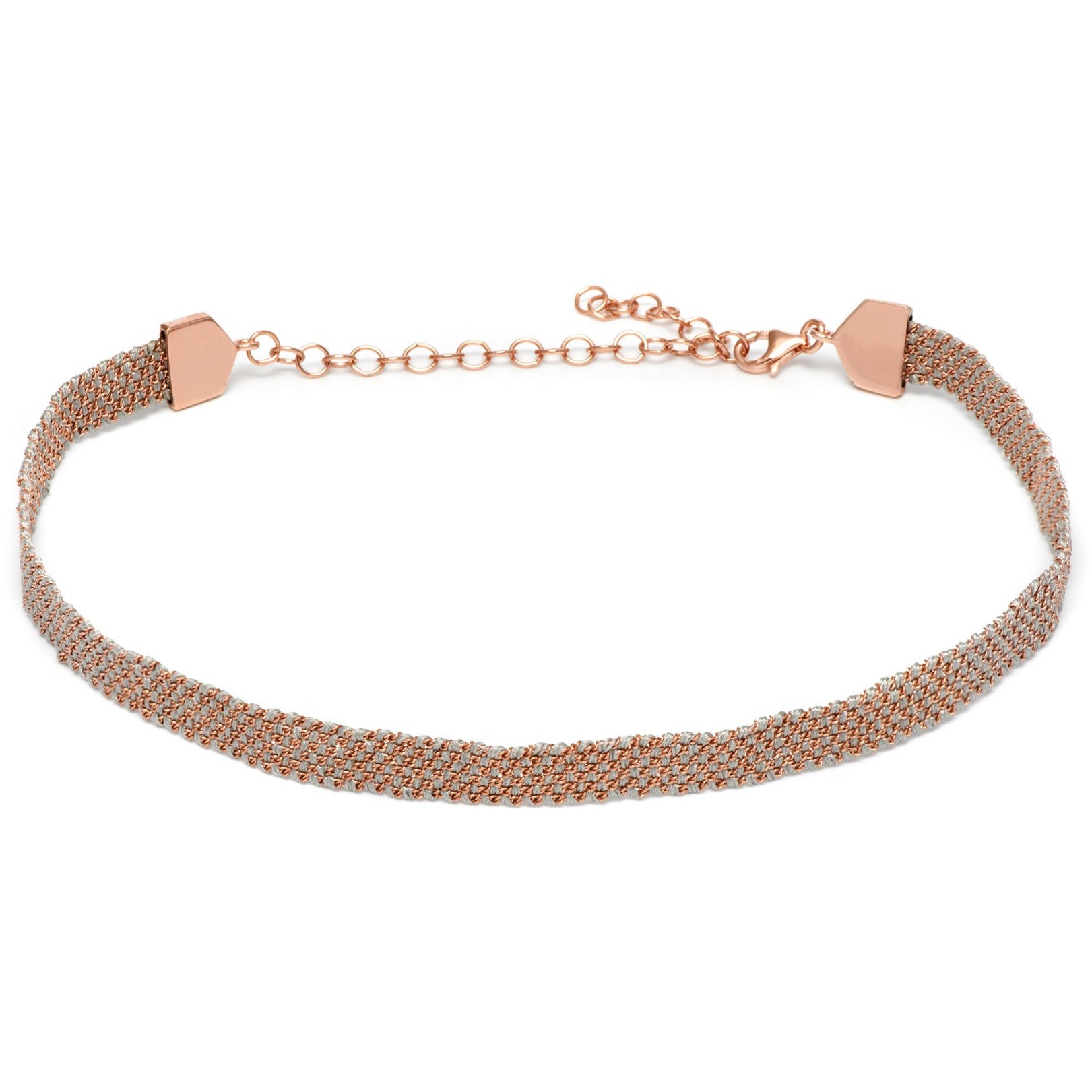 A brown, rose gold, and silver panama weaved choker necklace with an adjustable chain.