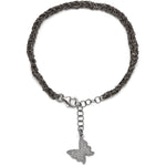 A black and silver friendship bracelet with a butterfly charm, featuring a woven fabric design and a rhodium-plated sterling silver chain.