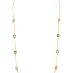 A gold plated vermeil necklace with a series of faceted multi-colored stones set in a ribbed cage