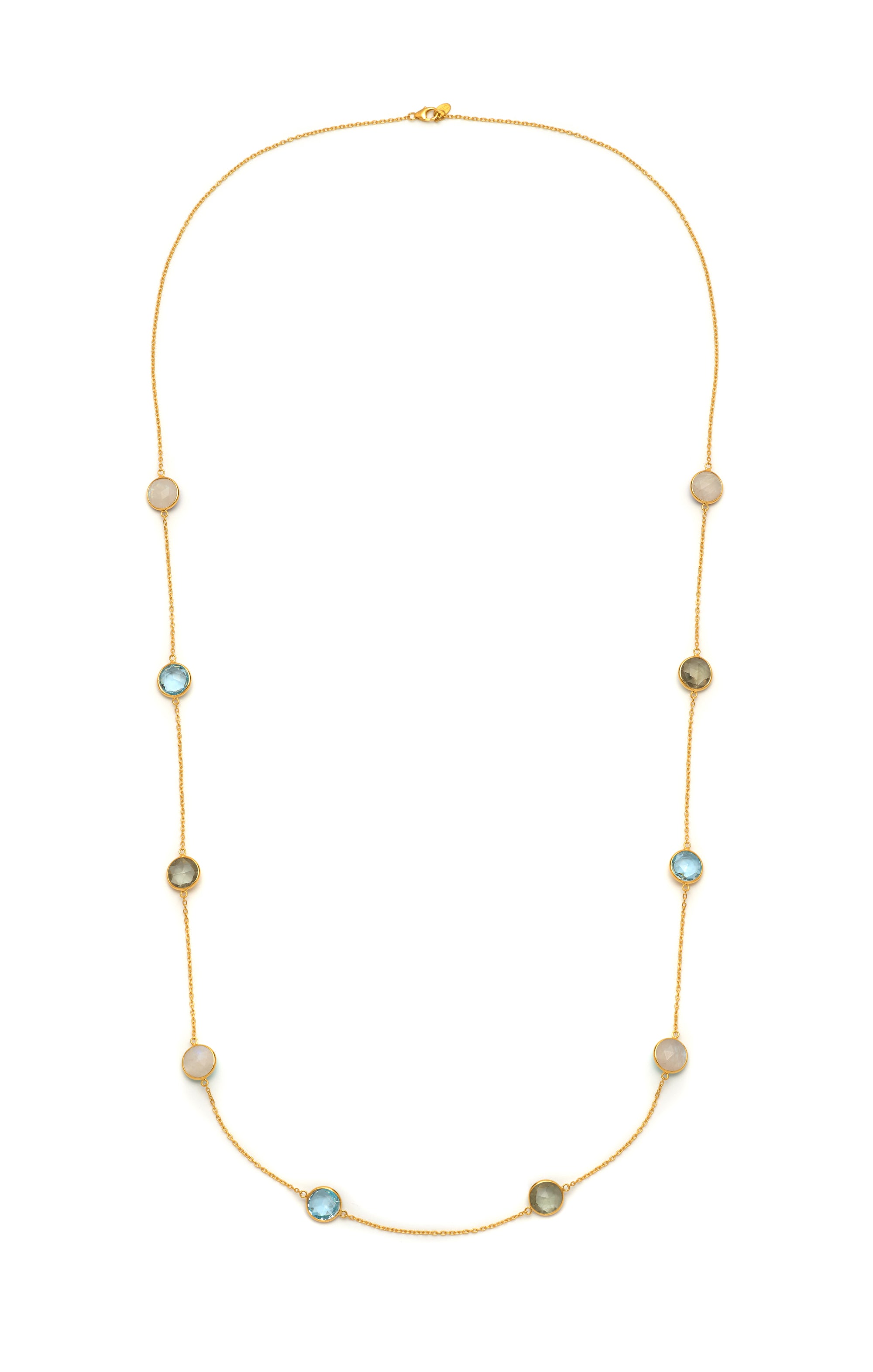 A gold plated vermeil necklace with a series of faceted multi-colored stones set in a ribbed cage