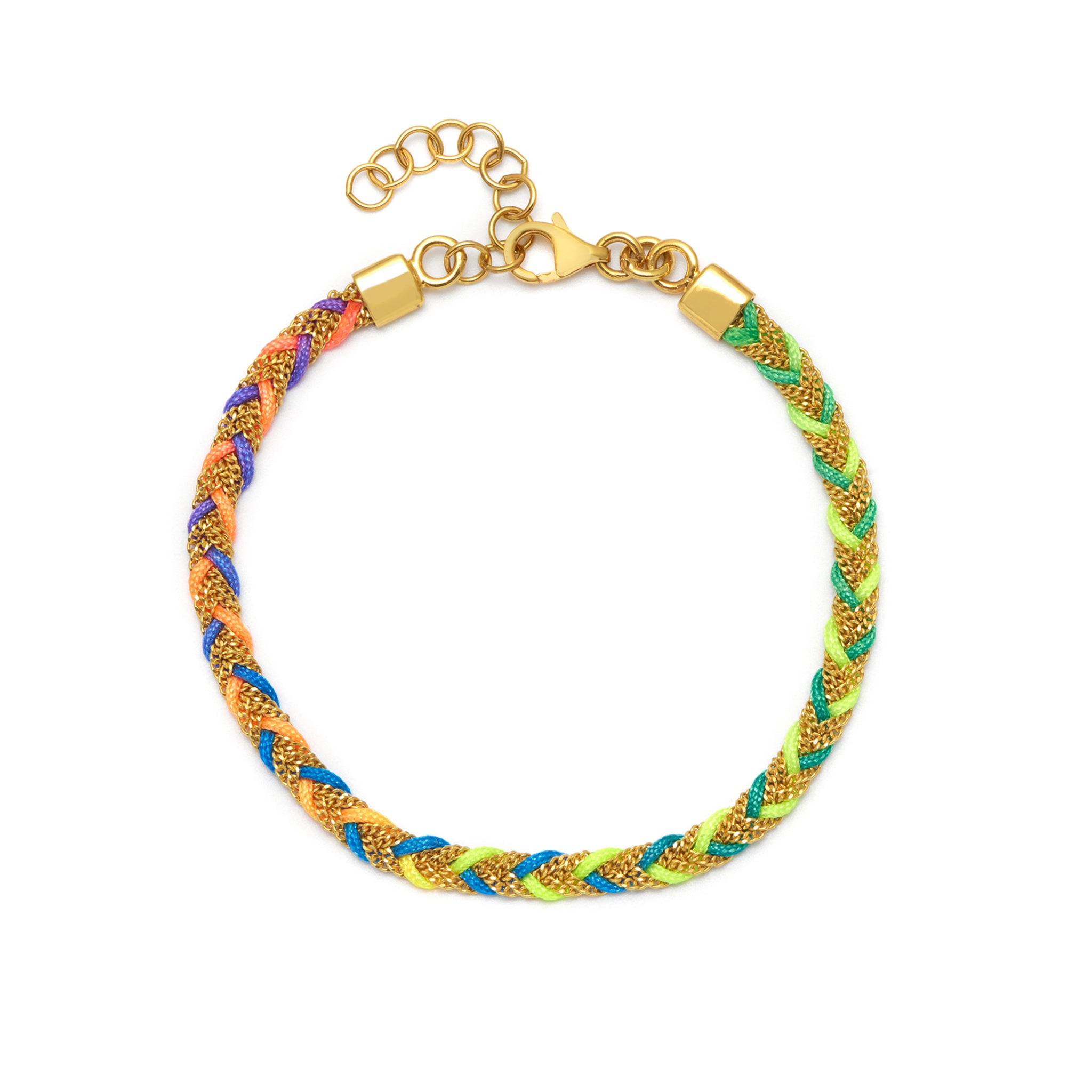 Gold and Rainbow Silk Braided Kuna Bracelet. 18ct gold plated vermeil chain.