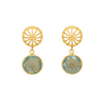 A pair of gold vermeil drop earrings with blue topaz gemstones.