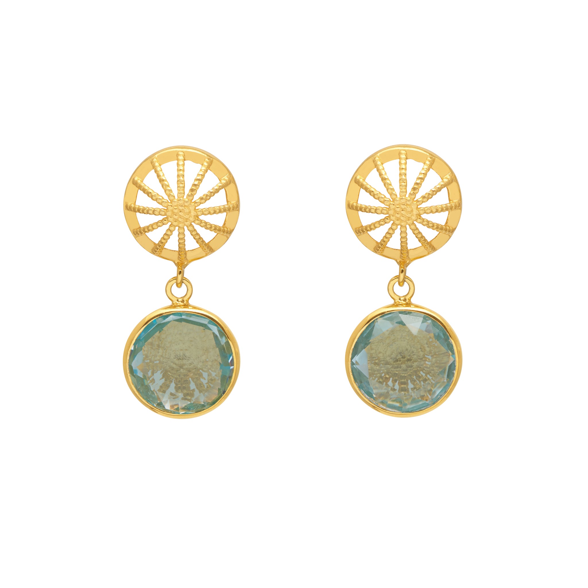 A pair of gold vermeil drop earrings with blue topaz gemstones.