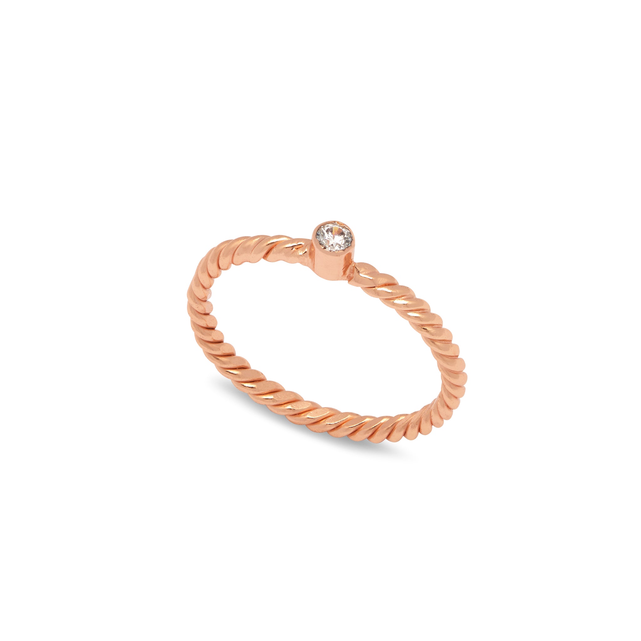Rose Gold plated sterling silver ring with twist motif and natural white zircon perfect for stacking