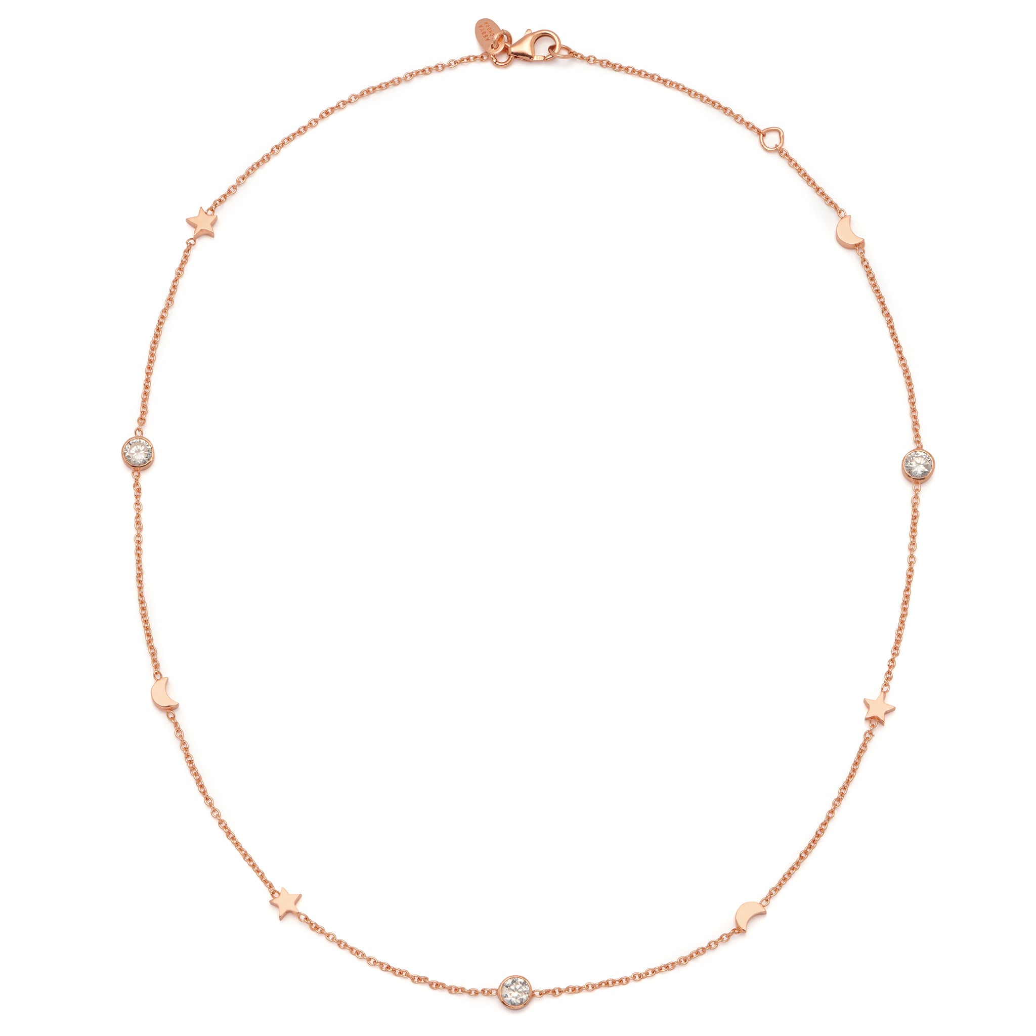 A 18ct plated rose gold vermeil necklace with natural white Zircon studs featuring Moon and Star motifs.