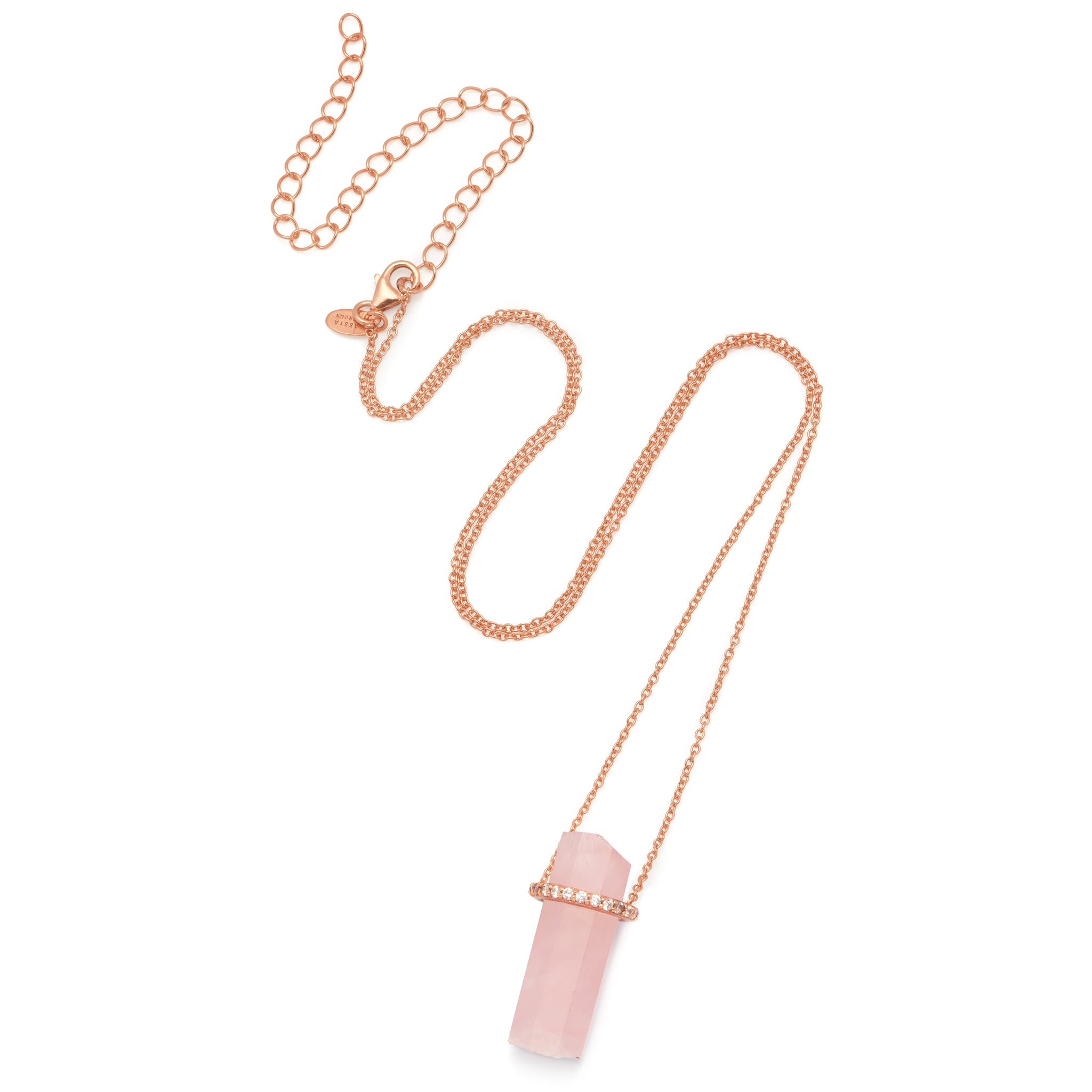 18ct rose gold plated silver necklace chain with natural rose quartz crystal and white zircon.