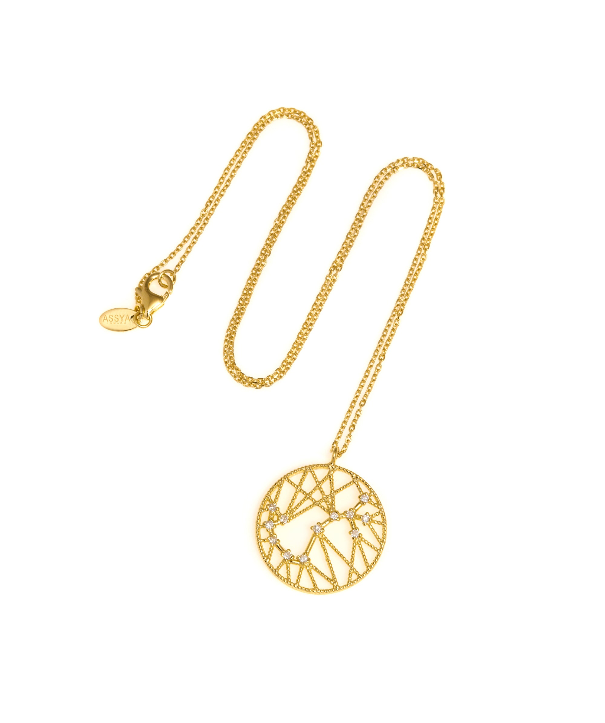 An 18kt gold necklace with a white diamond pendant featuring the constellation sign for Scorpio.