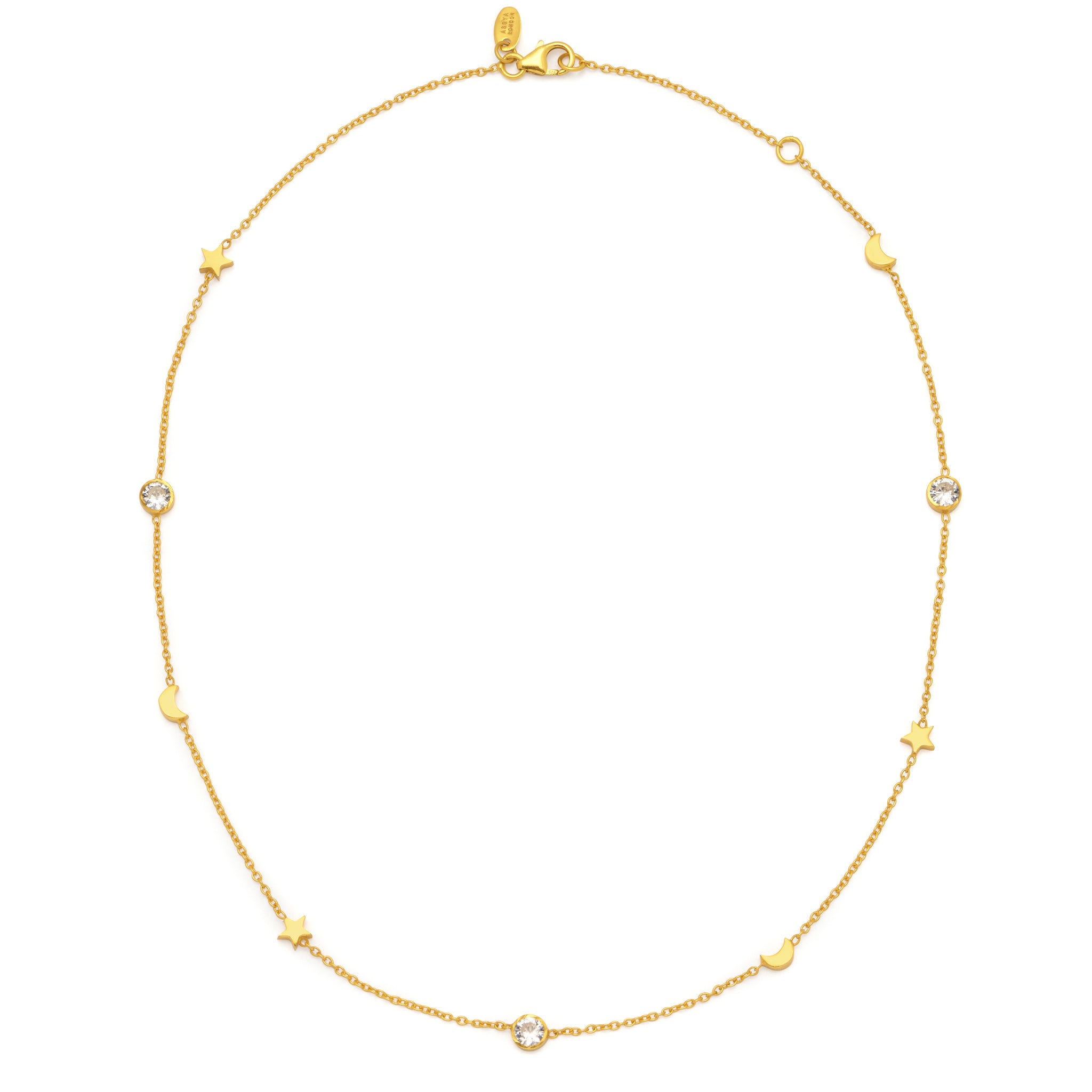 A 18ct gold plated vermeil necklace with natural white Zircon studs in the shape of moons and stars.